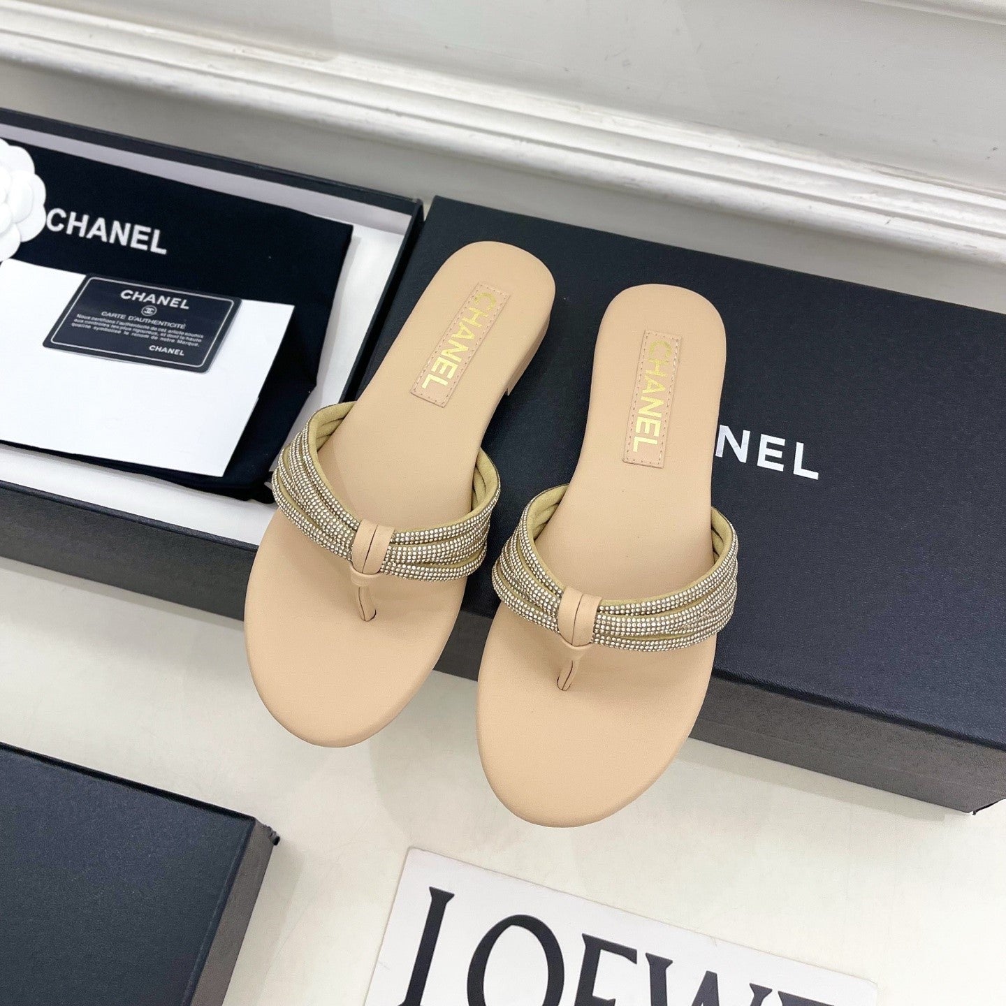 CC 26s Rhinestone Thong Sandals Beige Lambskin 947053