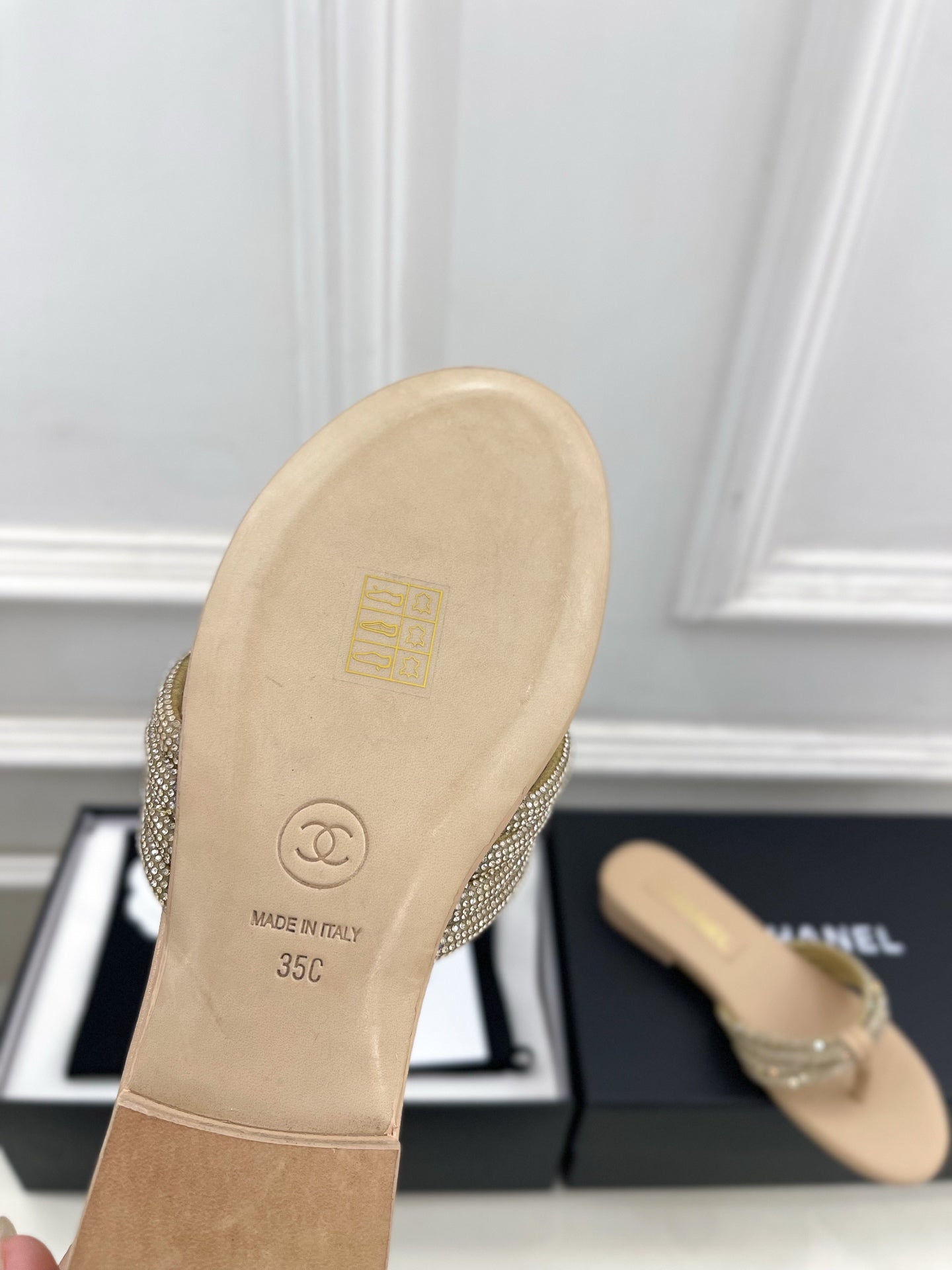 CC 26s Rhinestone Thong Sandals Beige Lambskin 947053