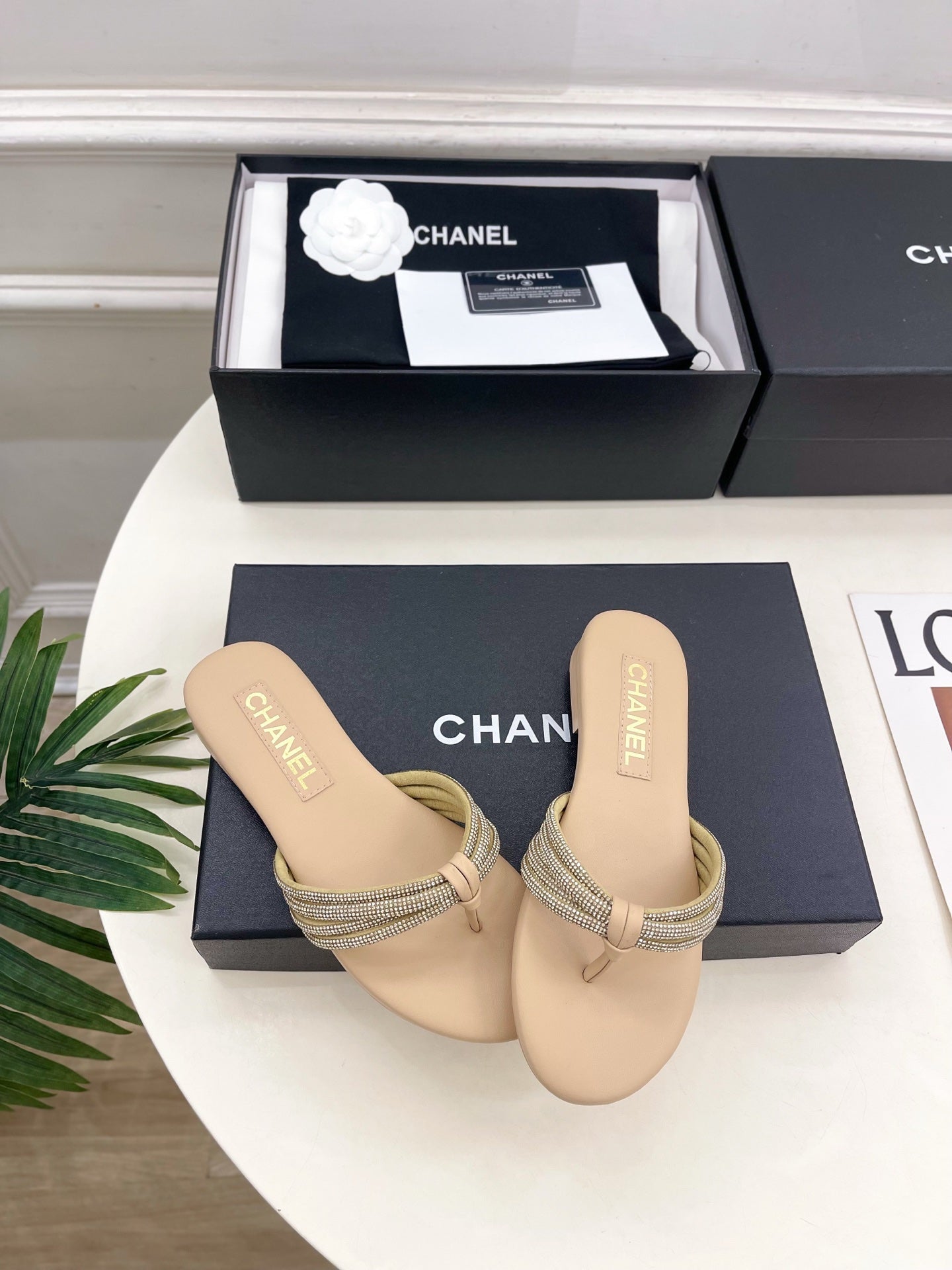CC 26s Rhinestone Thong Sandals Beige Lambskin 947053