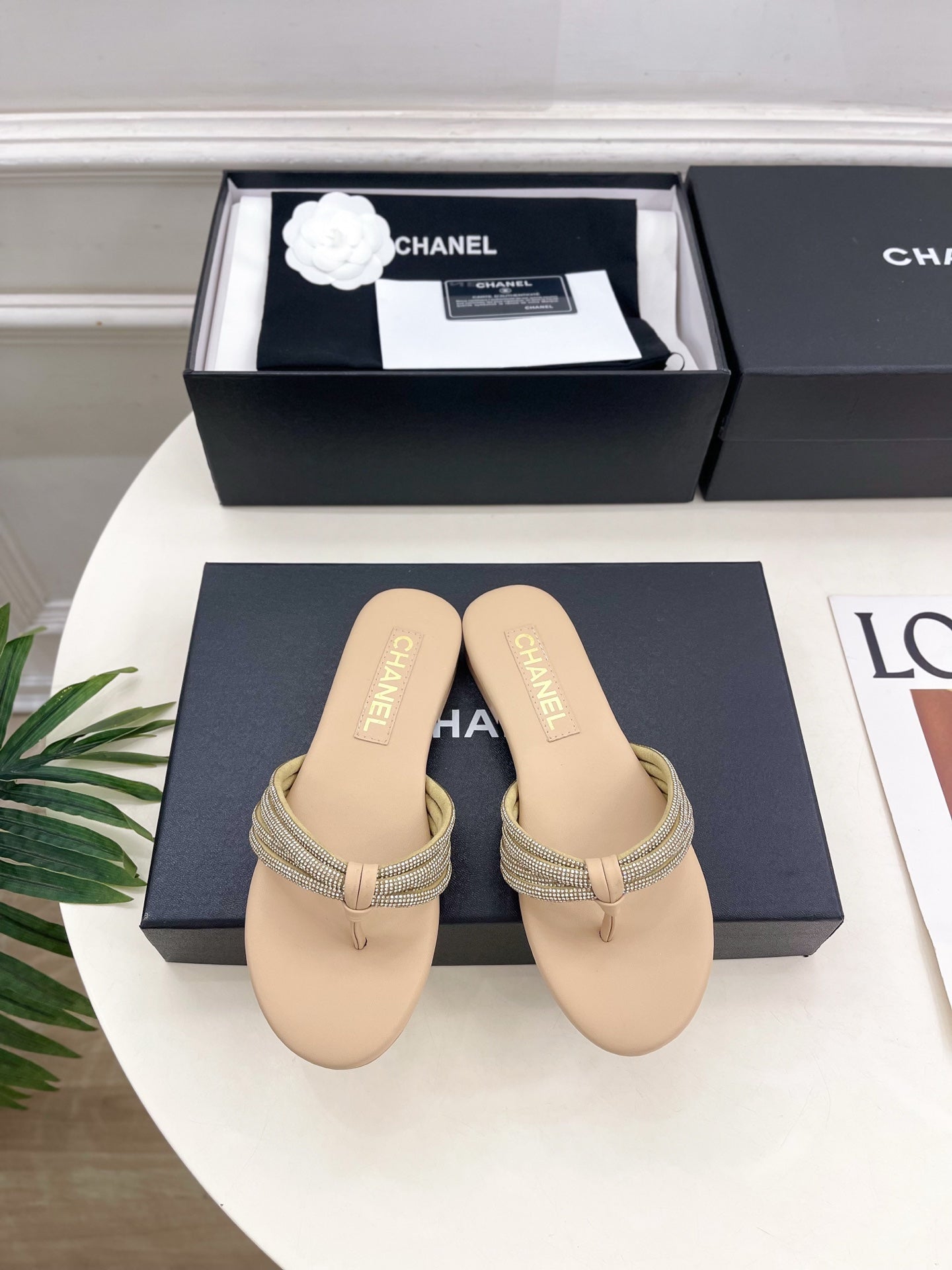 CC 26s Rhinestone Thong Sandals Beige Lambskin 947053