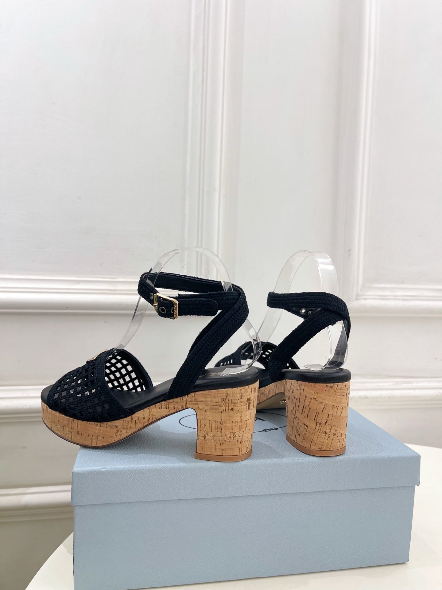 Prada Crochet Cork Platform Sandals 7cm Black Crochet 947375