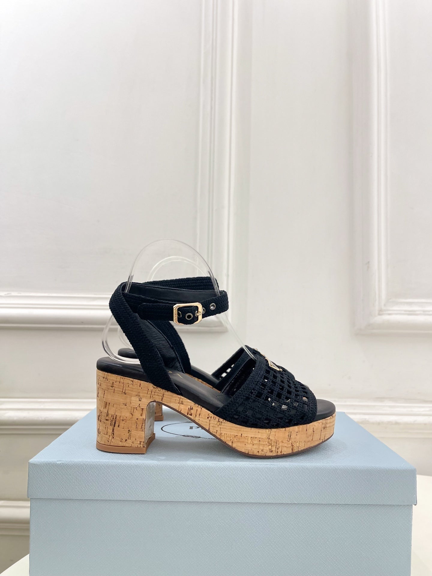 Prada Crochet Cork Platform Sandals 7cm Black Crochet 947375
