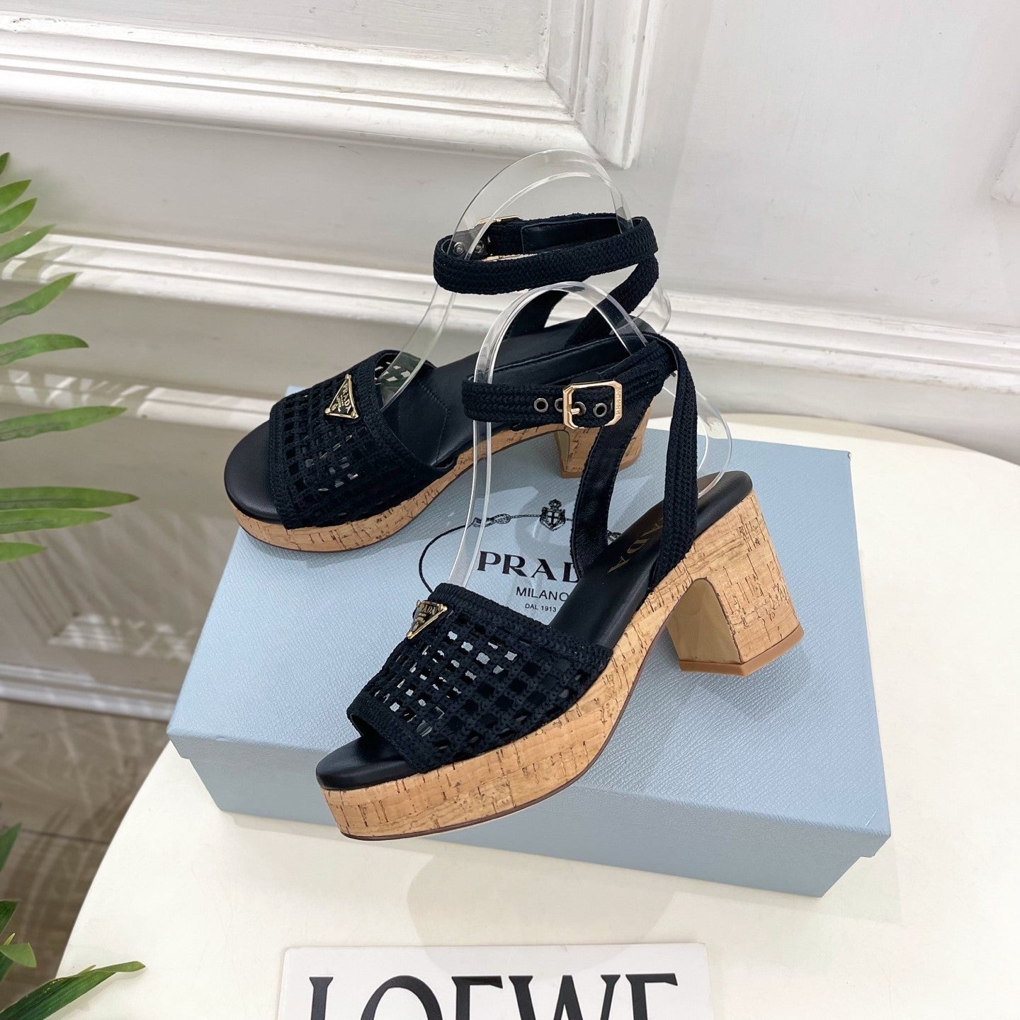 Prada Crochet Cork Platform Sandals 7cm Black Crochet 947375