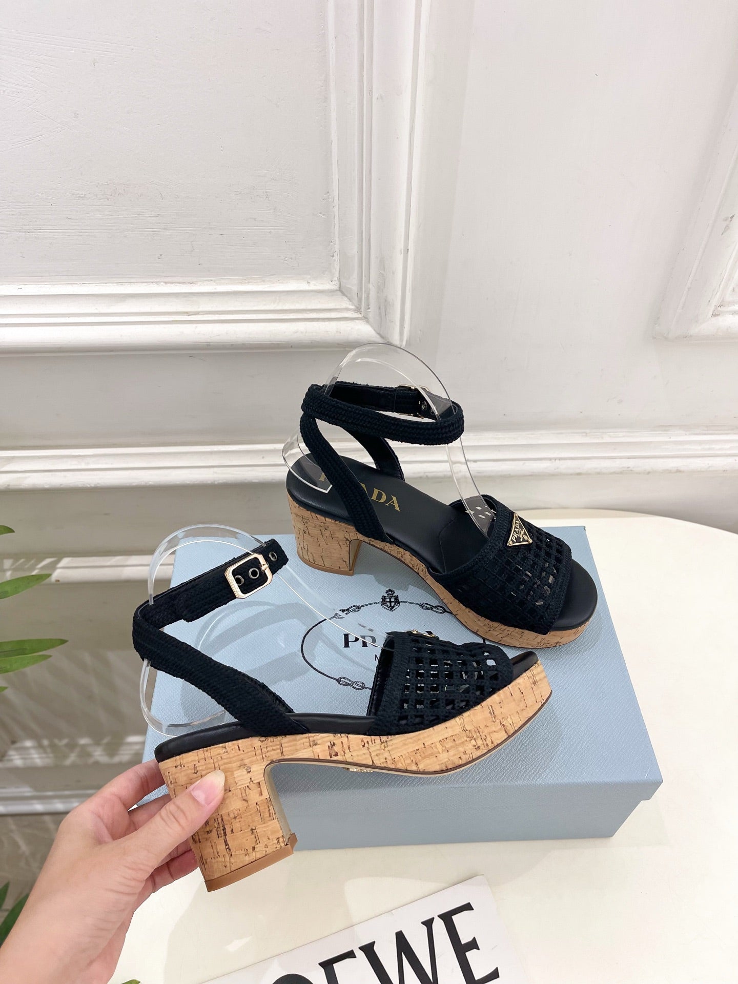 Prada Crochet Cork Platform Sandals 7cm Black Crochet 947375