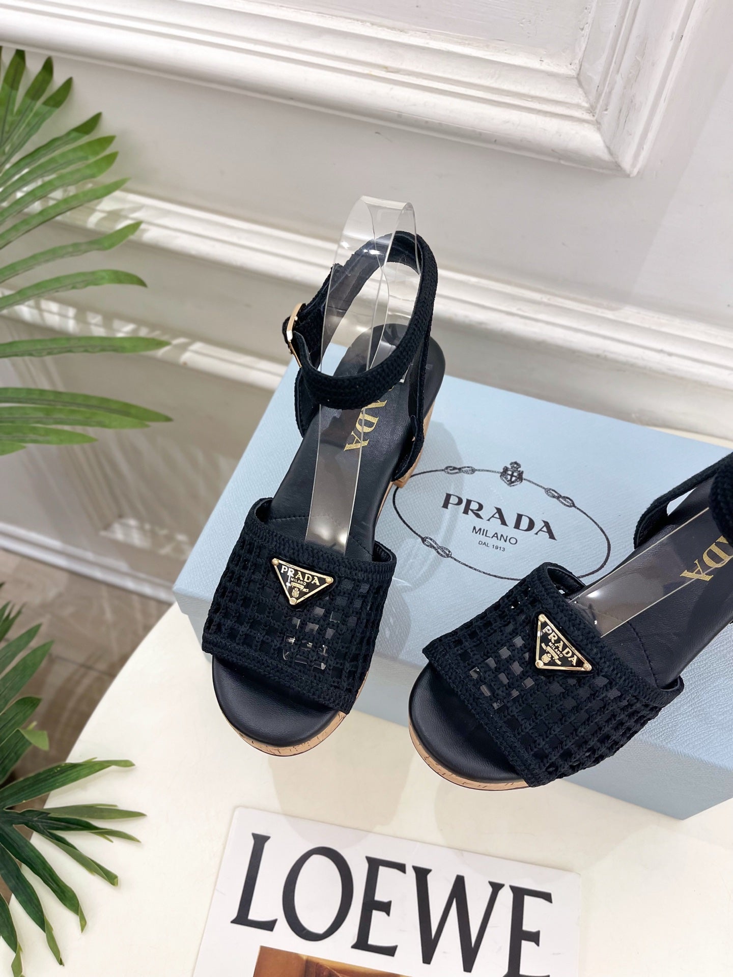 Prada Crochet Cork Platform Sandals 7cm Black Crochet 947375