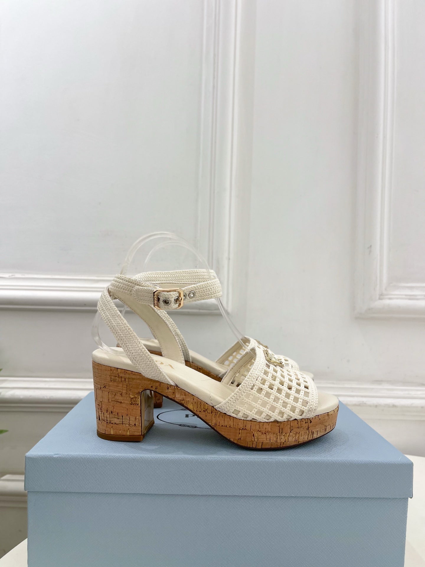 Prada Crochet Cork Platform Sandals 7cm White Crochet 947376