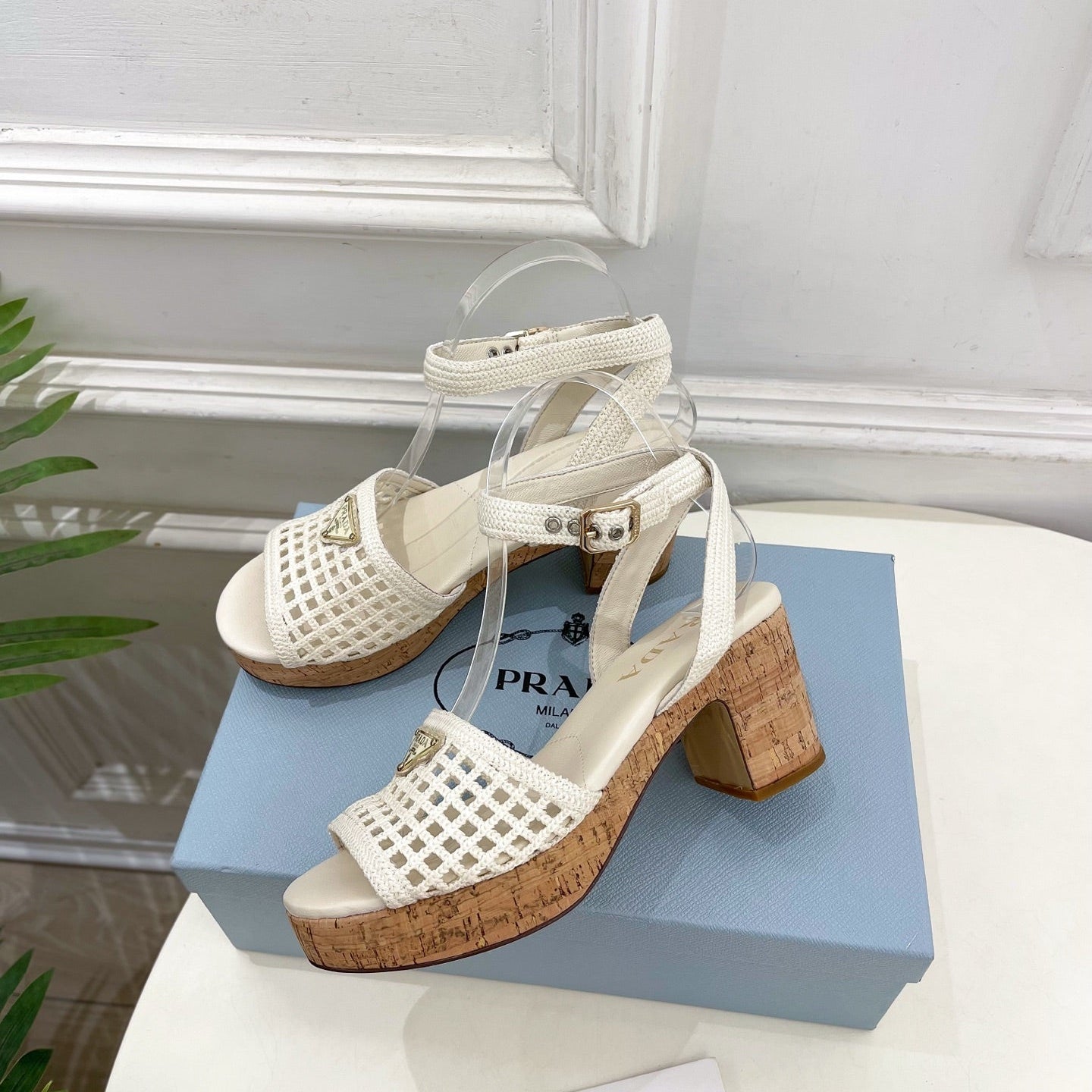 Prada Crochet Cork Platform Sandals 7cm White Crochet 947376