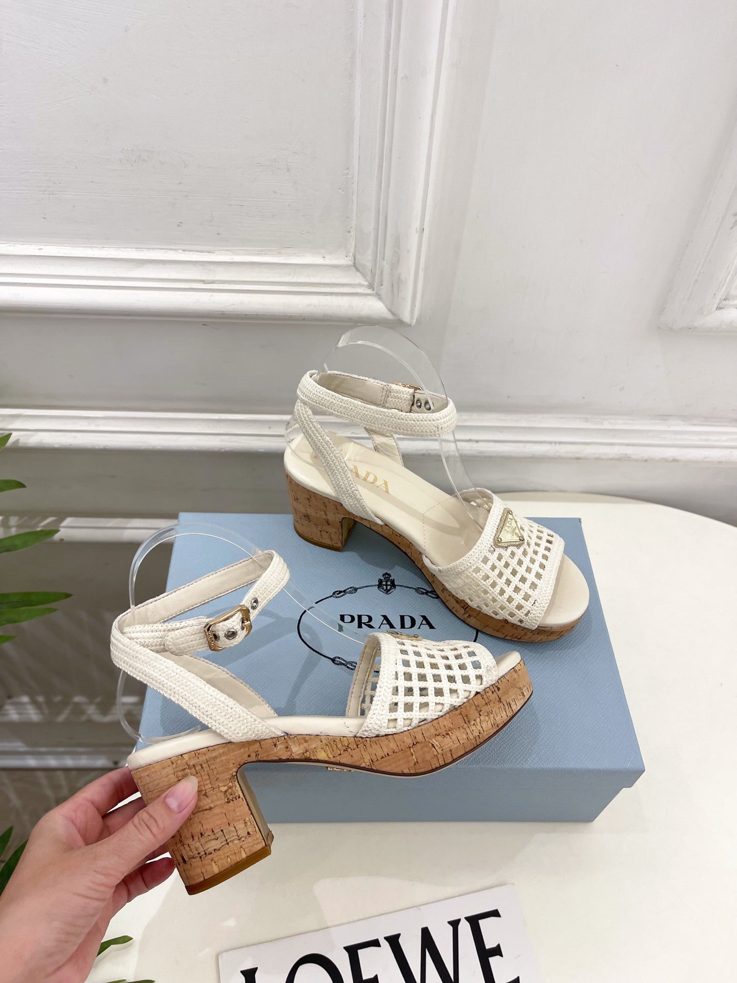 Prada Crochet Cork Platform Sandals 7cm White Crochet 947376