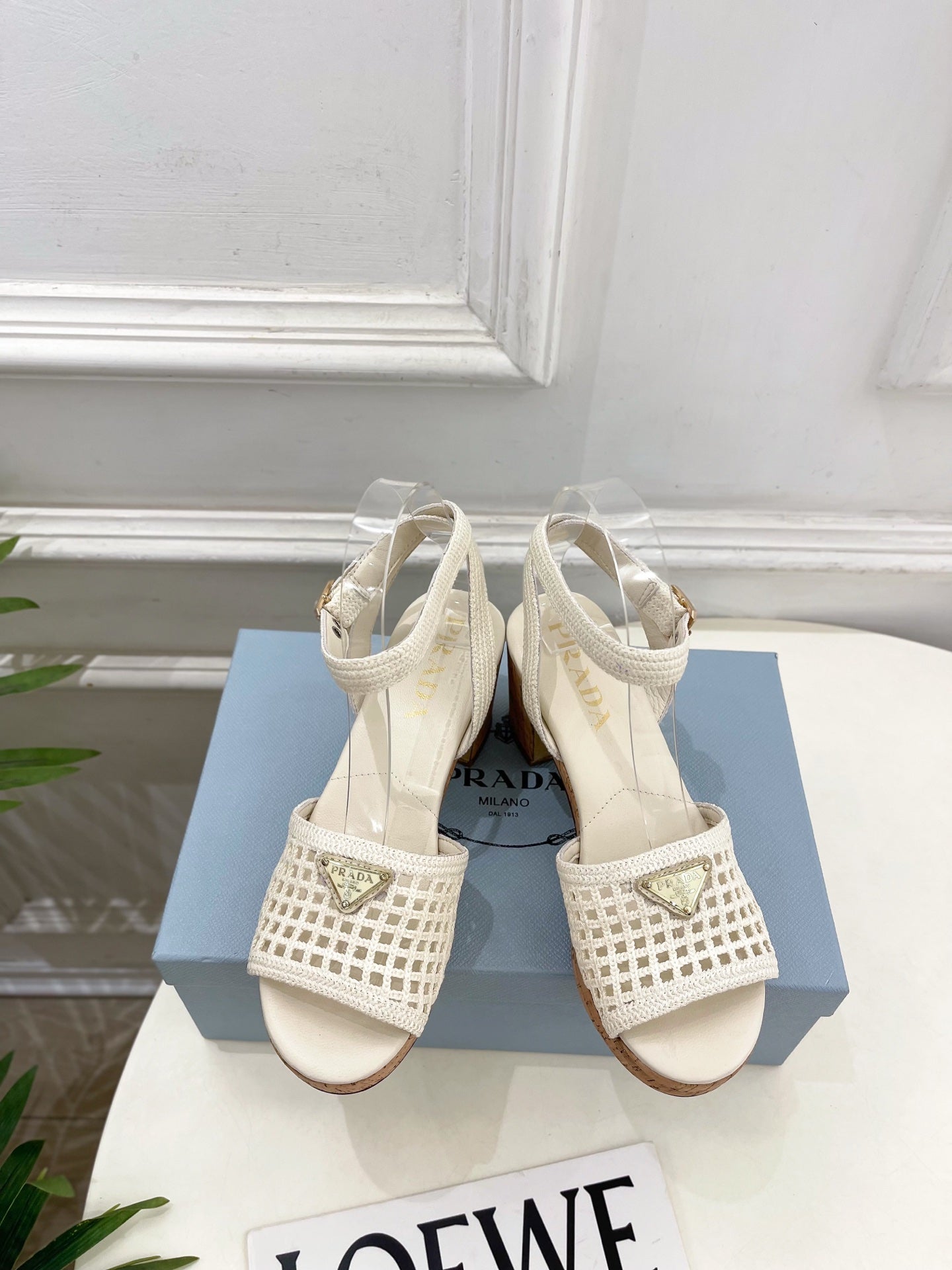 Prada Crochet Cork Platform Sandals 7cm White Crochet 947376