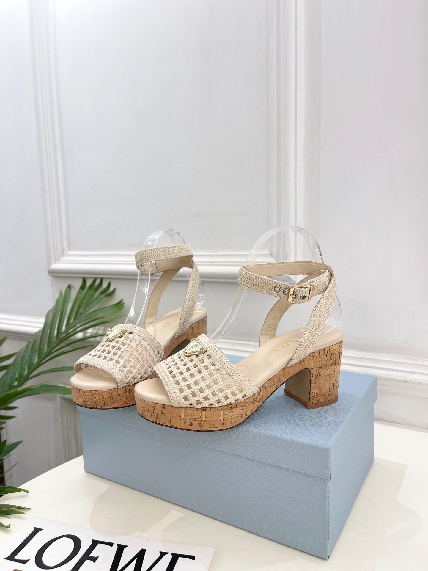 Prada Crochet Cork Platform Sandals 7cm Cream Crochet 947377