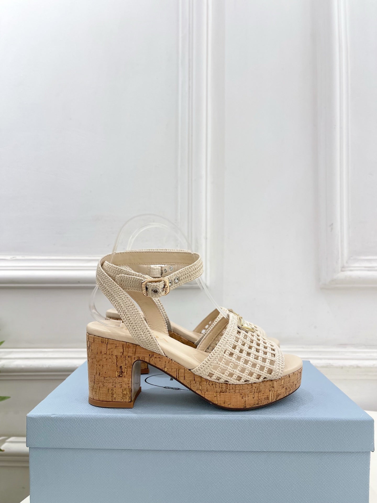 Prada Crochet Cork Platform Sandals 7cm Cream Crochet 947377