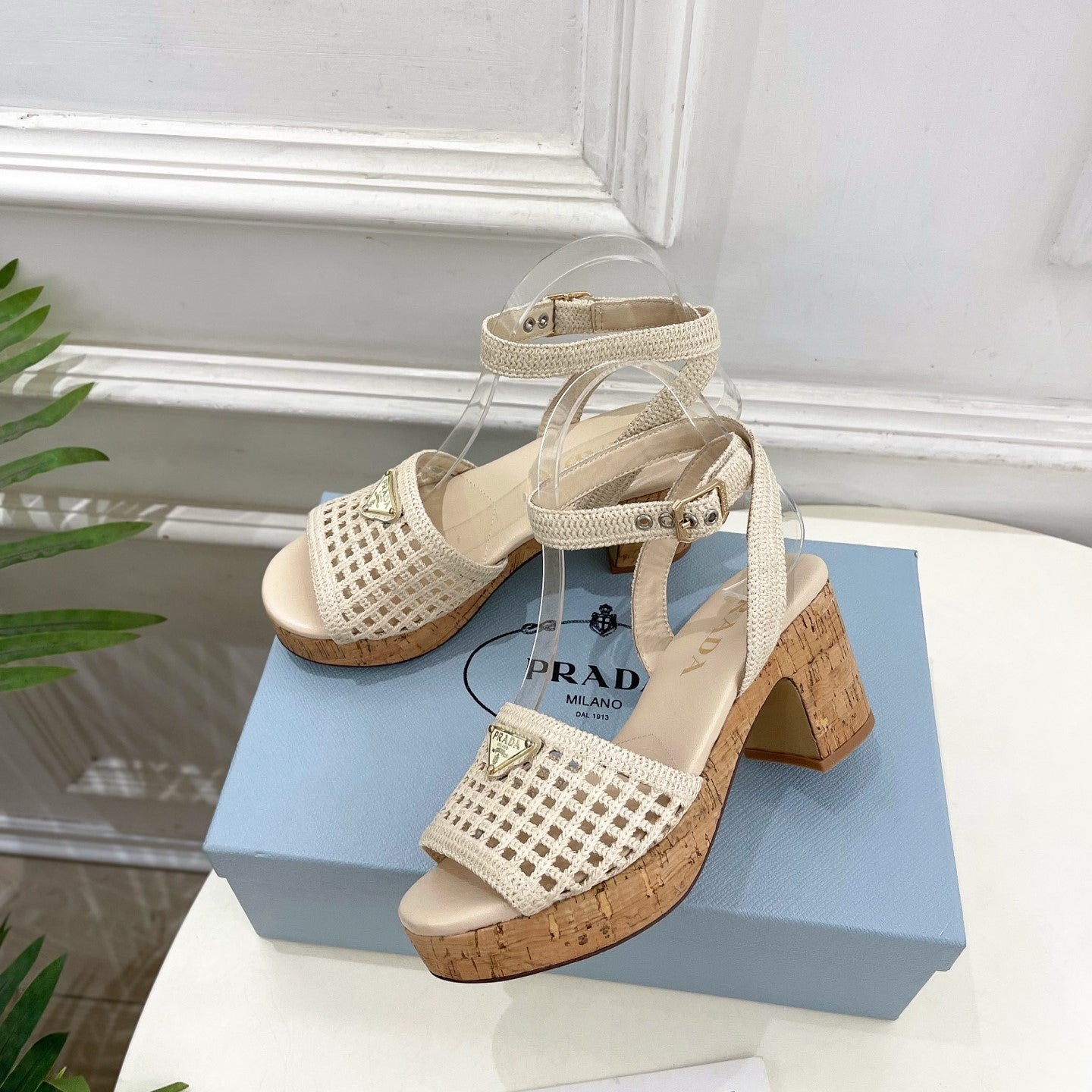 Prada Crochet Cork Platform Sandals 7cm Cream Crochet 947377