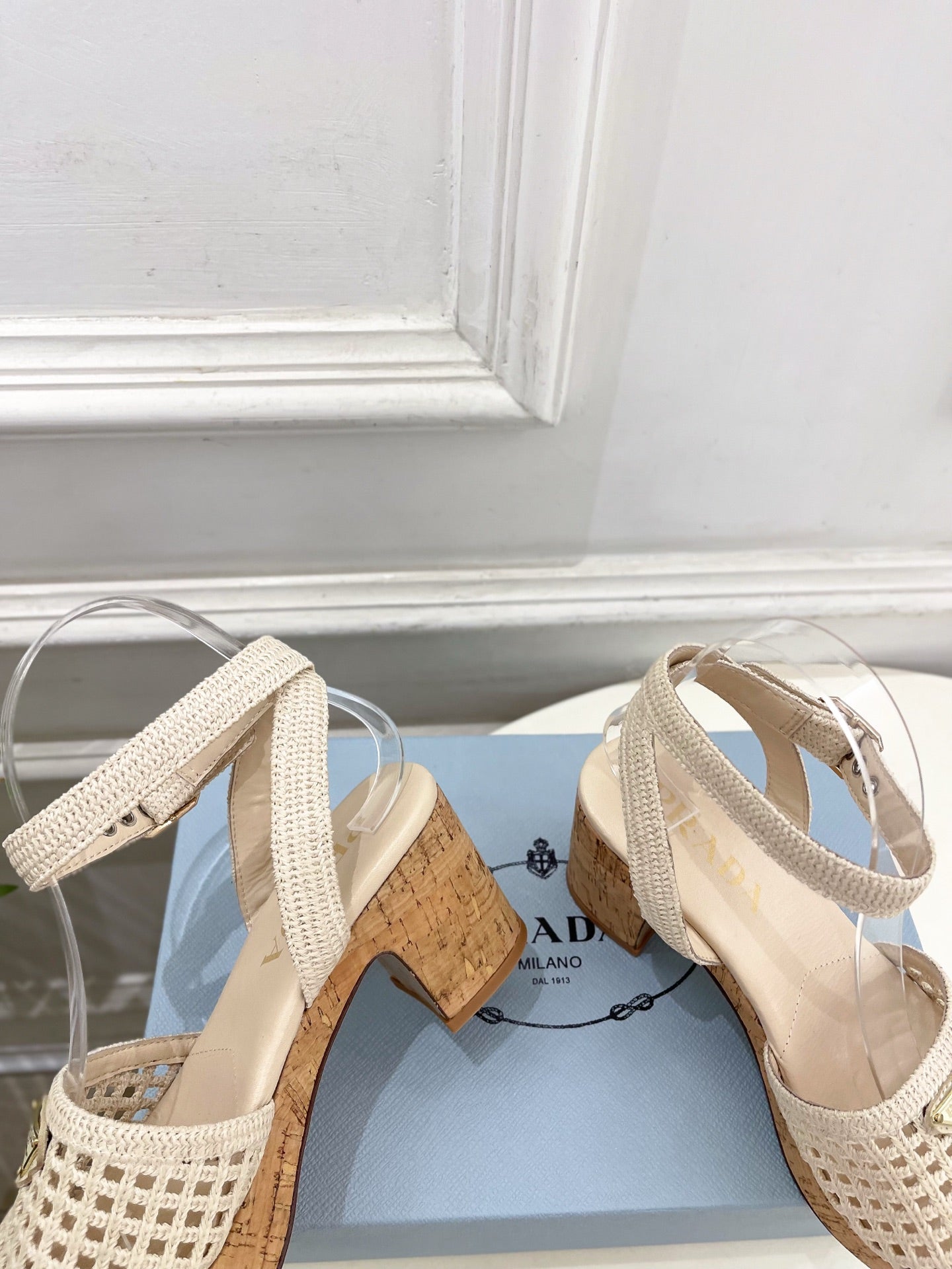 Prada Crochet Cork Platform Sandals 7cm Cream Crochet 947377