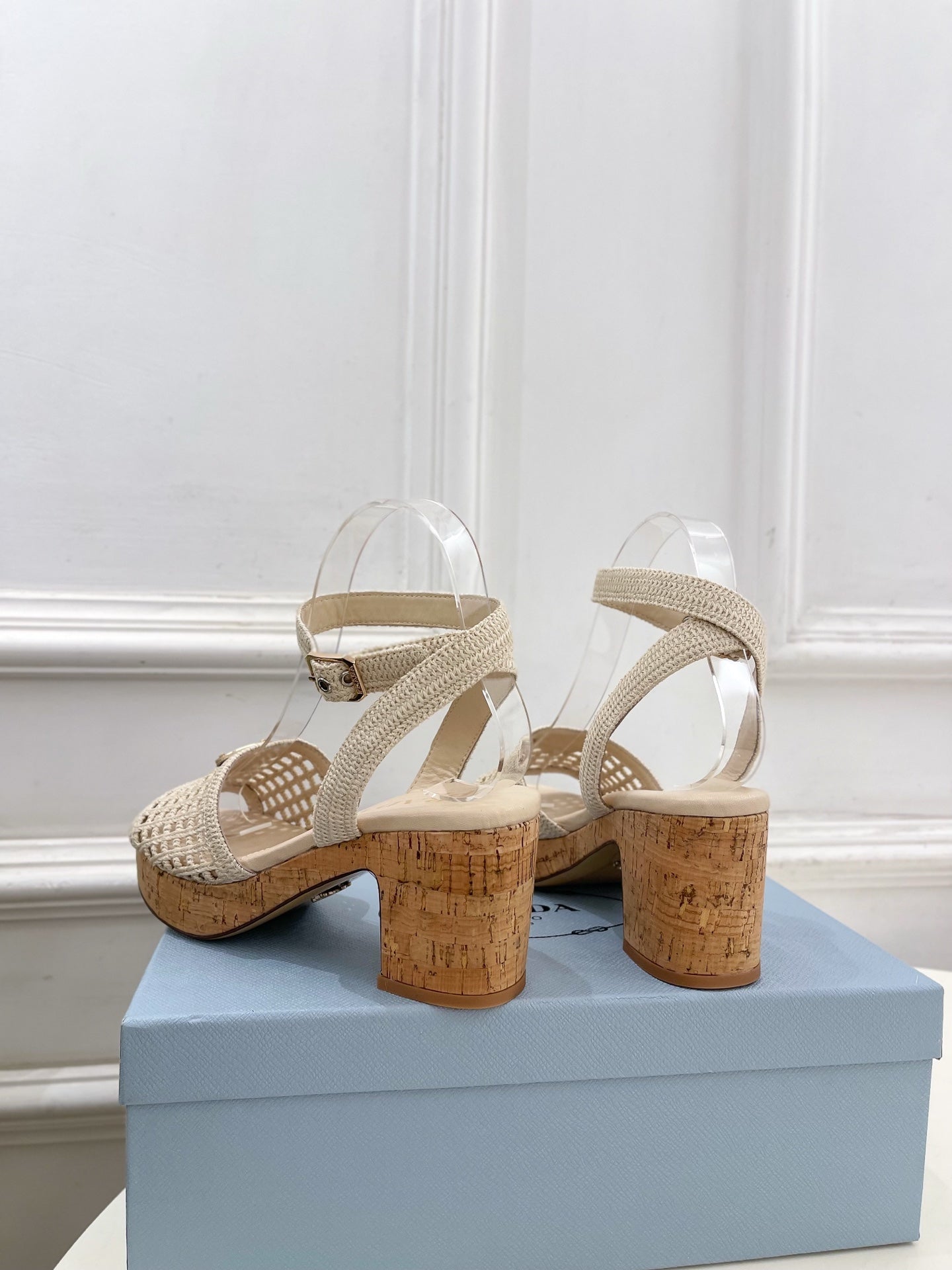 Prada Crochet Cork Platform Sandals 7cm Cream Crochet 947377