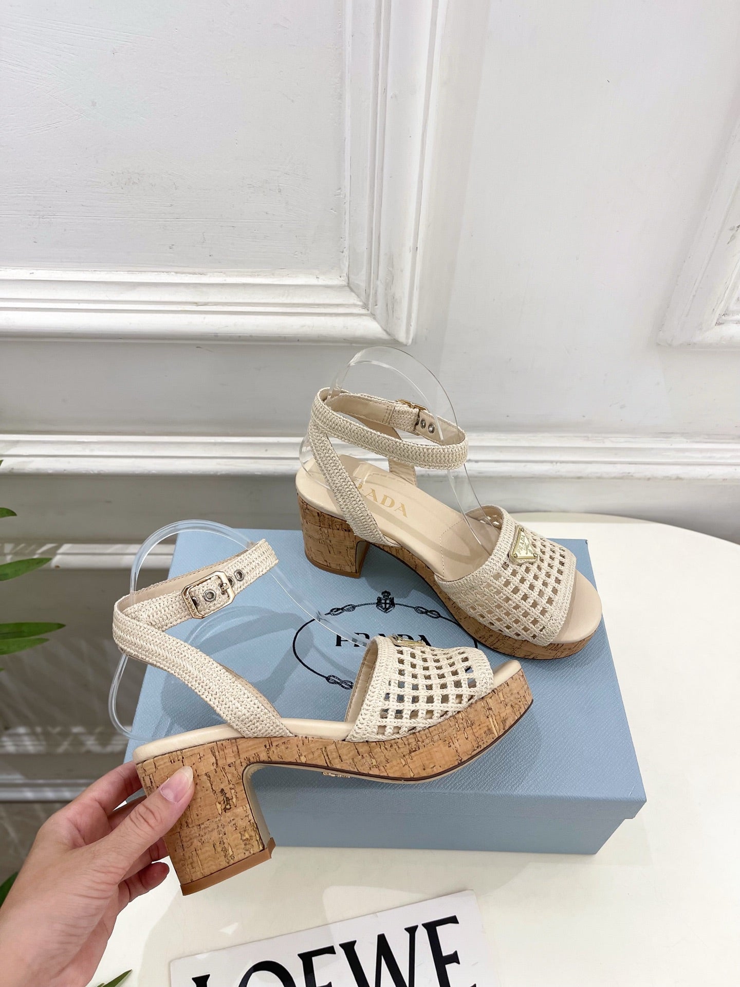 Prada Crochet Cork Platform Sandals 7cm Cream Crochet 947377