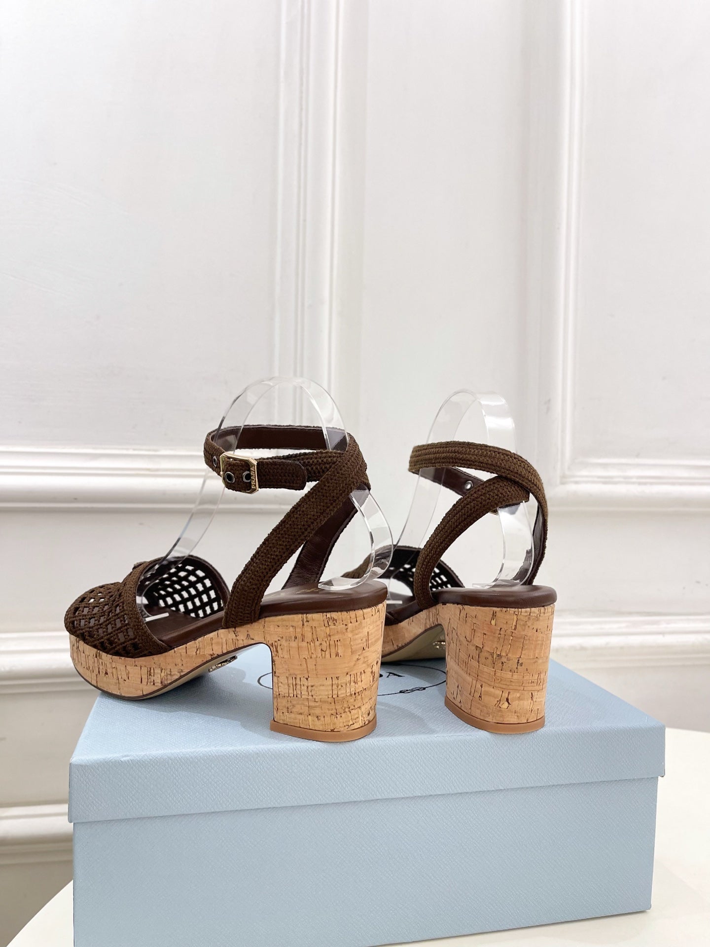 Prada Crochet Cork Platform Sandals 7cm Coffee Crochet 947378