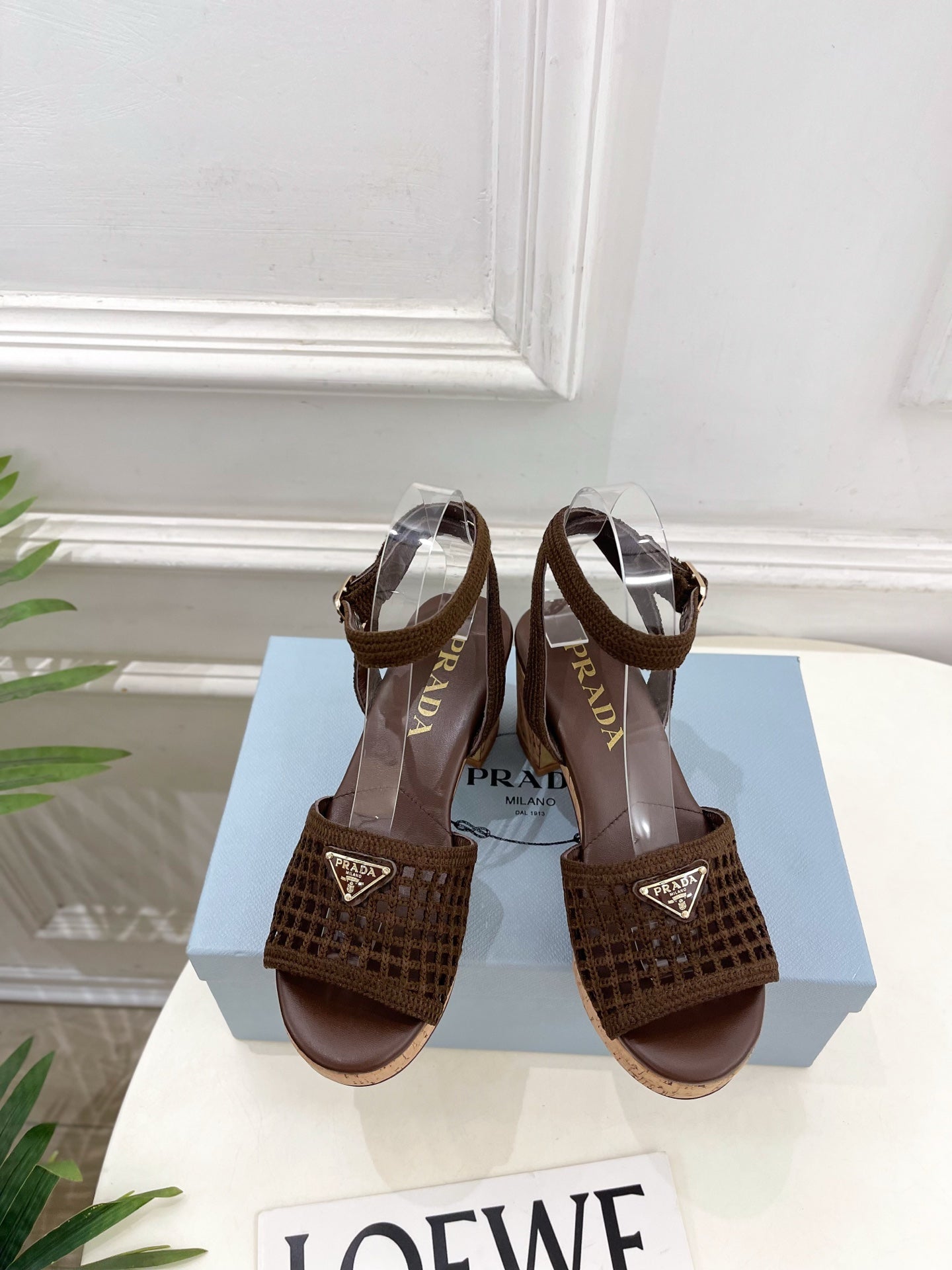 Prada Crochet Cork Platform Sandals 7cm Coffee Crochet 947378