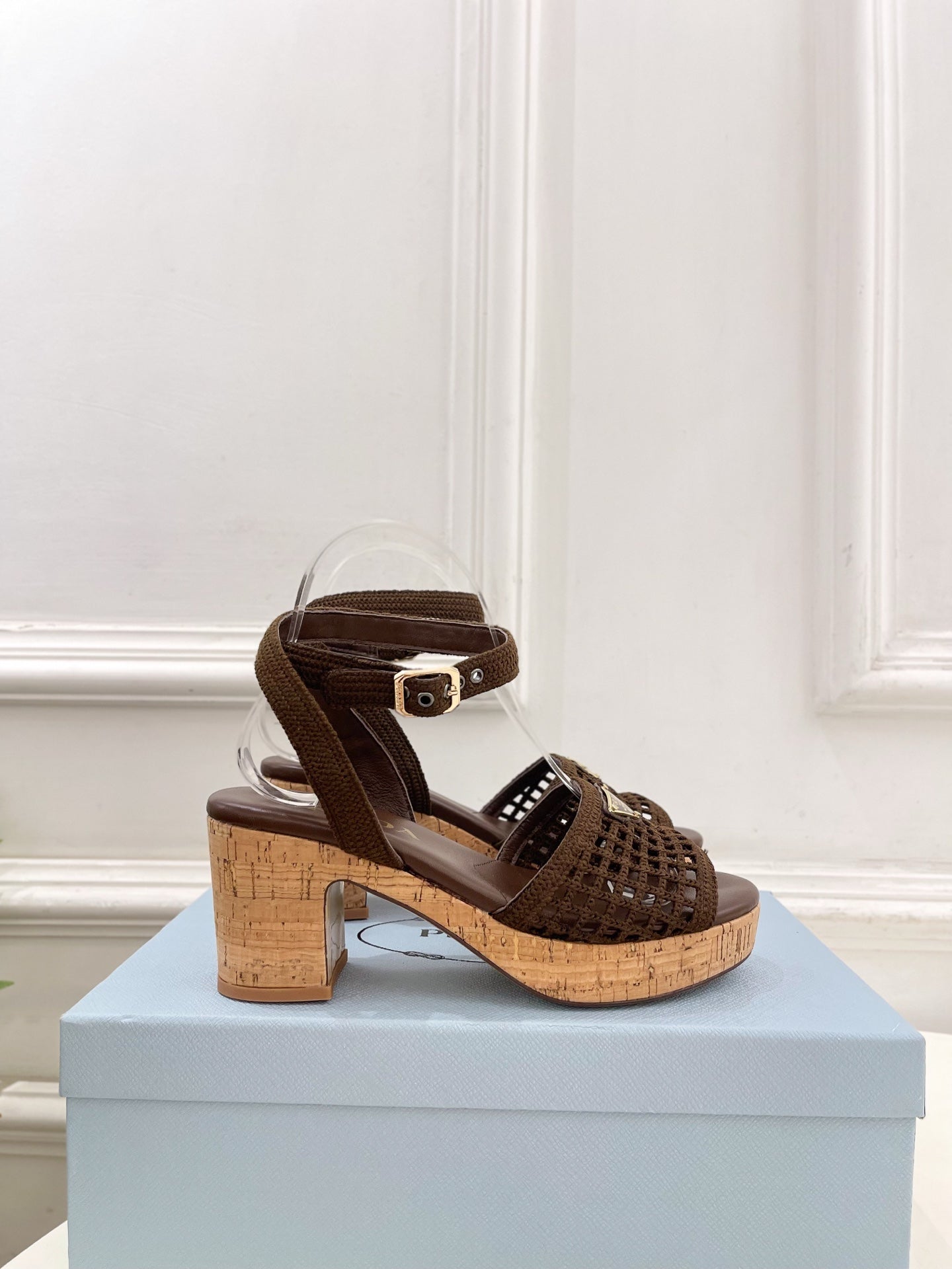 Prada Crochet Cork Platform Sandals 7cm Coffee Crochet 947378