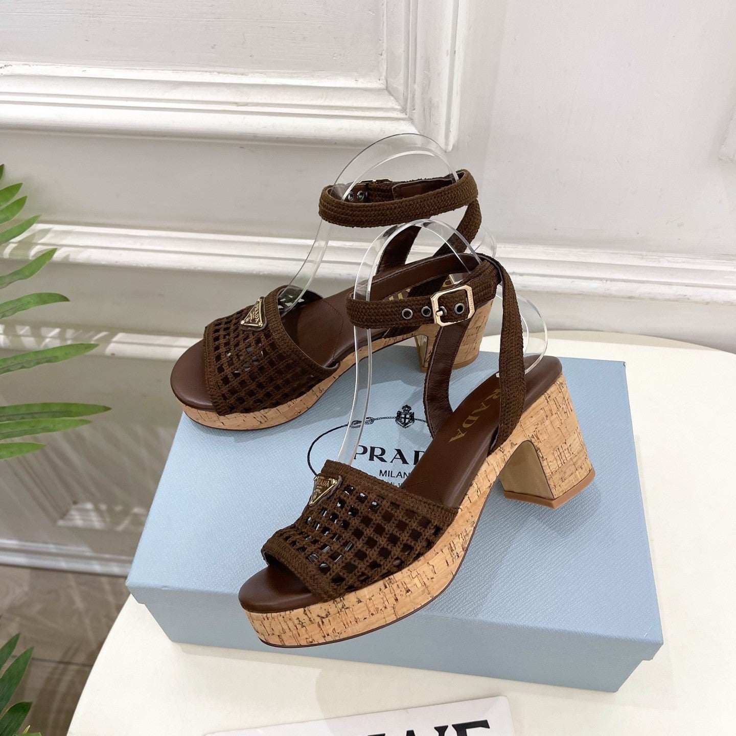 Prada Crochet Cork Platform Sandals 7cm Coffee Crochet 947378