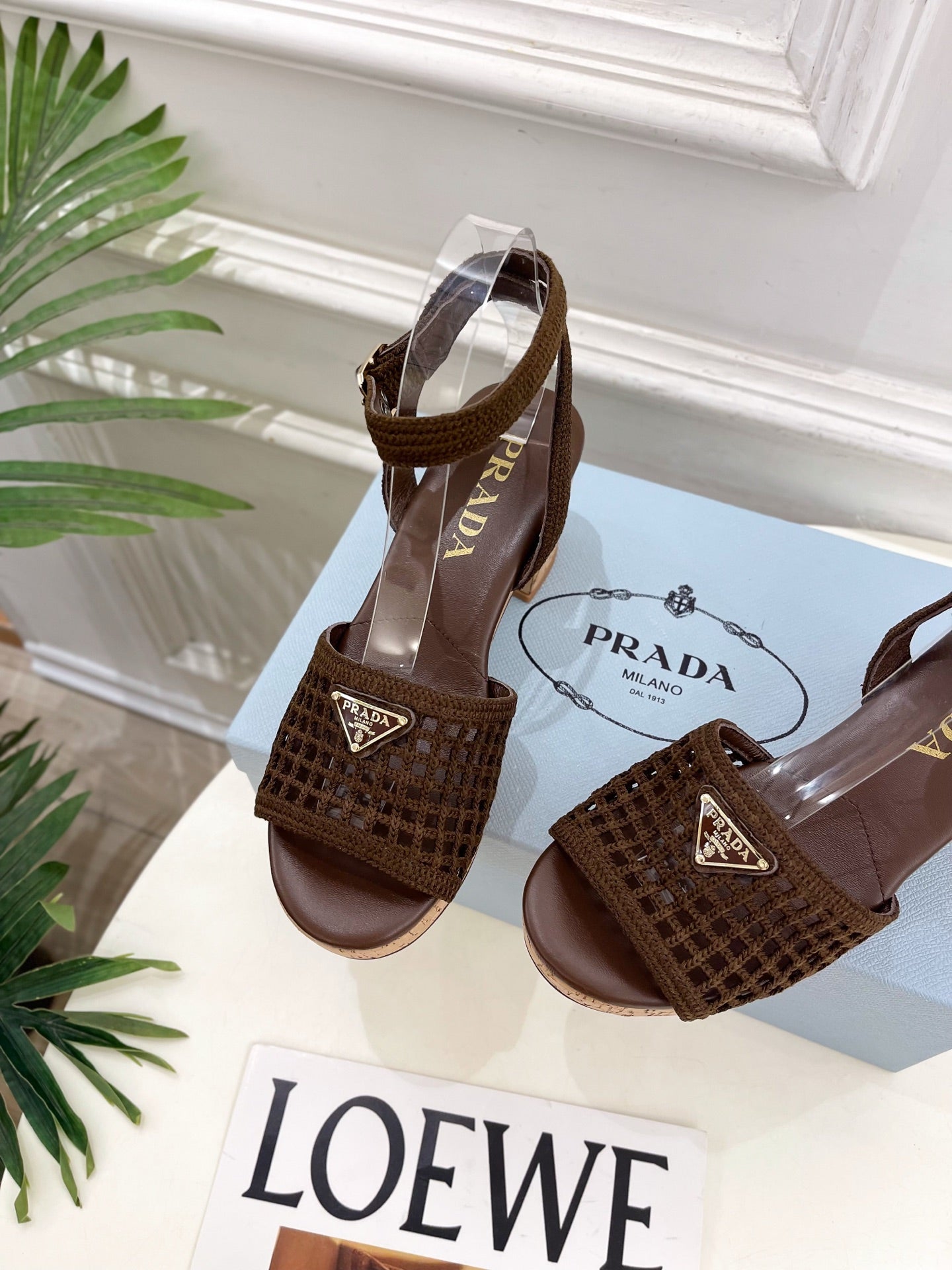 Prada Crochet Cork Platform Sandals 7cm Coffee Crochet 947378