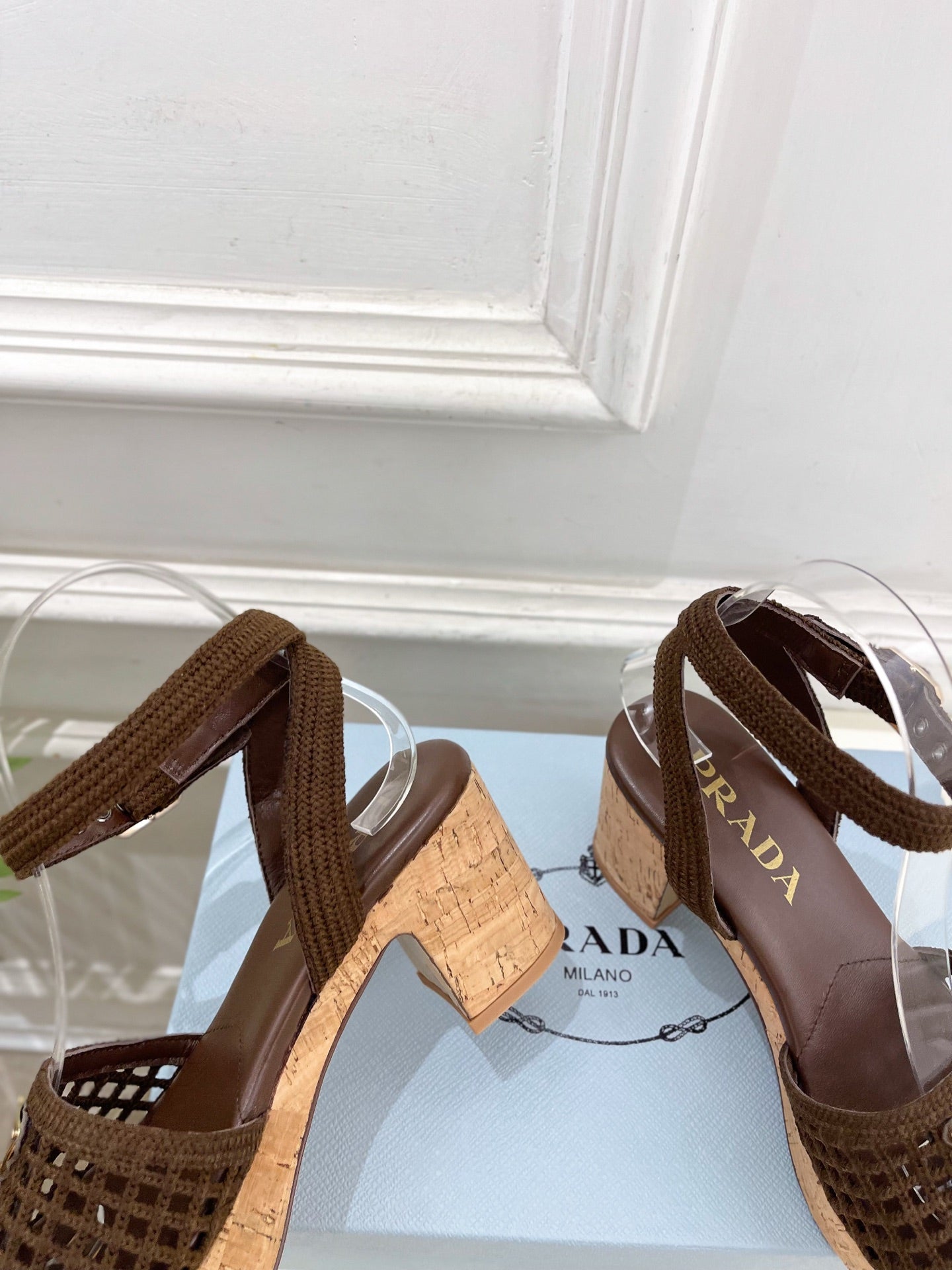 Prada Crochet Cork Platform Sandals 7cm Coffee Crochet 947378