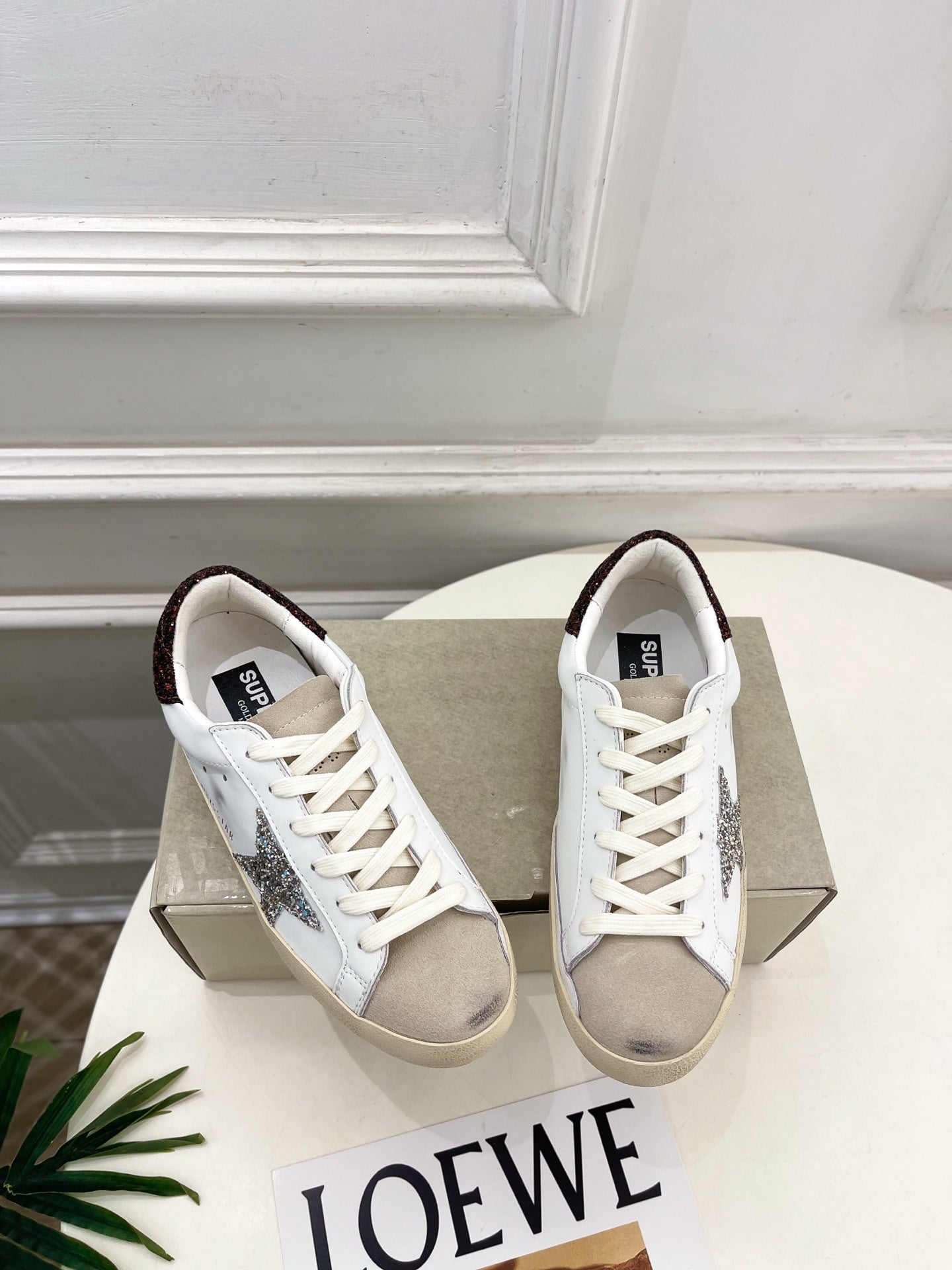 Golden Goose 26s Super-Star Light Taupe Star White Brown Glitter Leather 947745