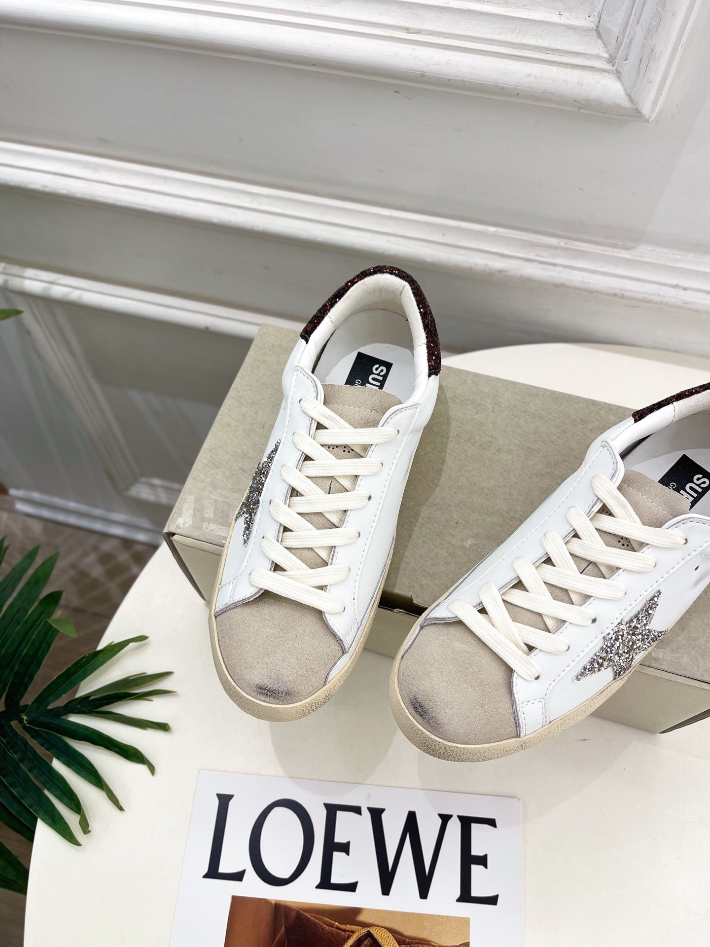 Golden Goose 26s Super-Star Light Taupe Star White Brown Glitter Leather 947745