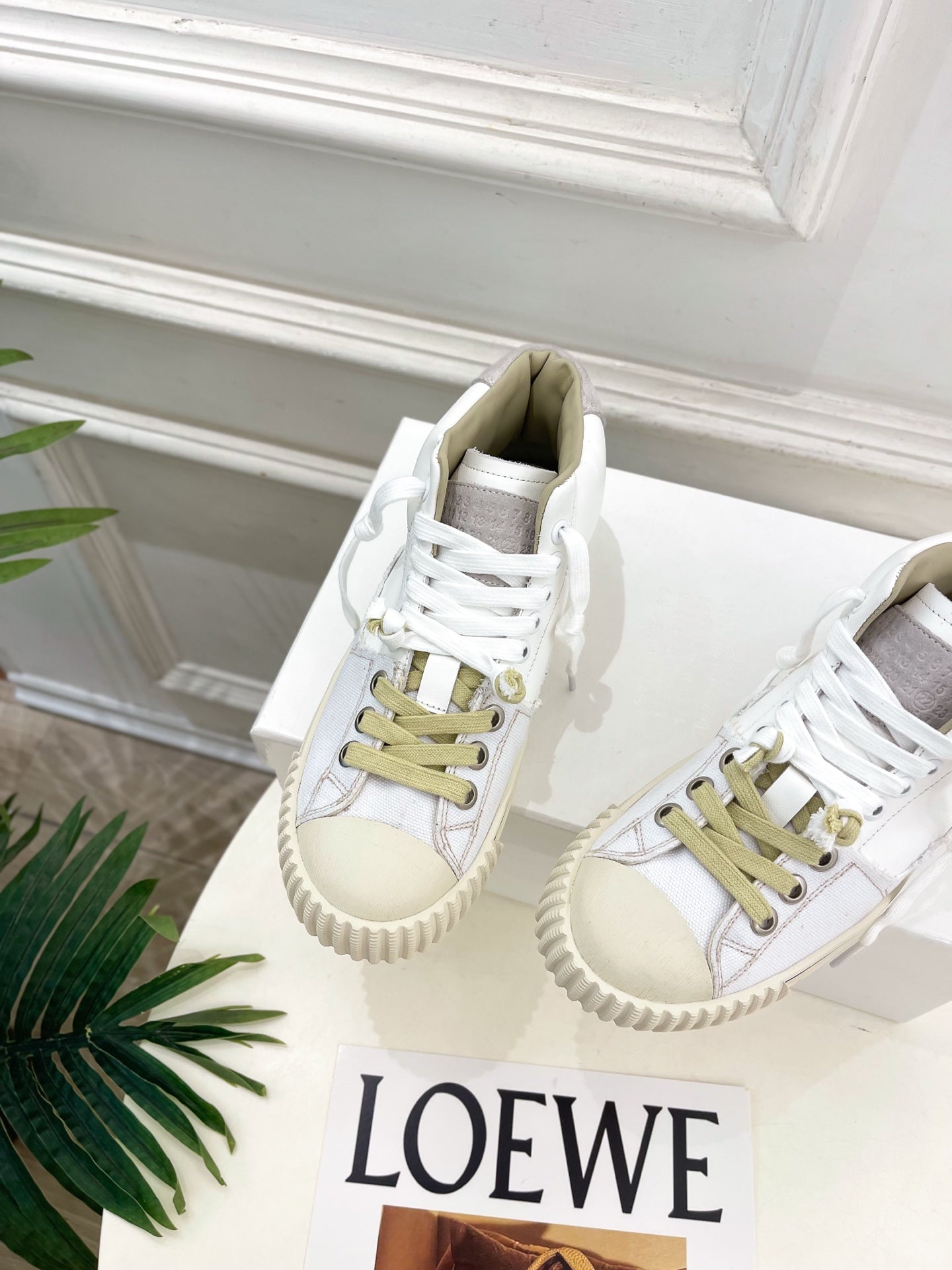 MM6 26s New Evolution Mid-Top Sneakers Cream Canvas Calfskin 947483