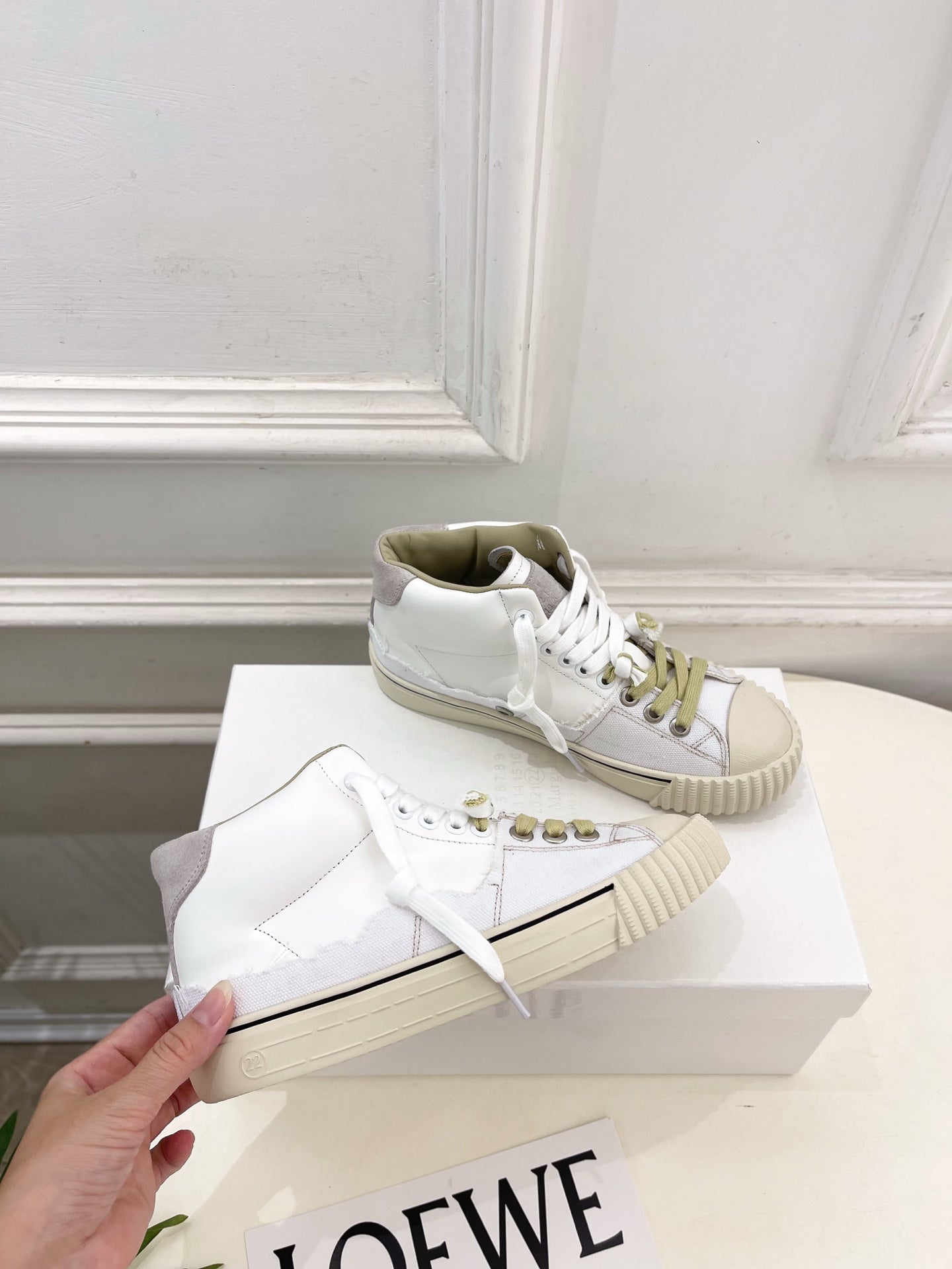 MM6 26s New Evolution Mid-Top Sneakers Cream Canvas Calfskin 947483