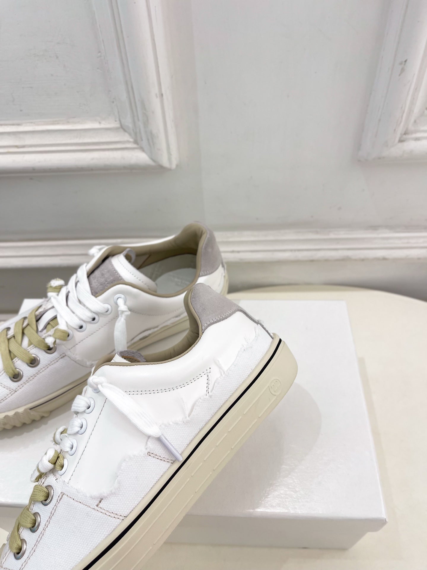 MM6 26s New Evolution Sneakers Grey Cream Canvas Calfskin 947484