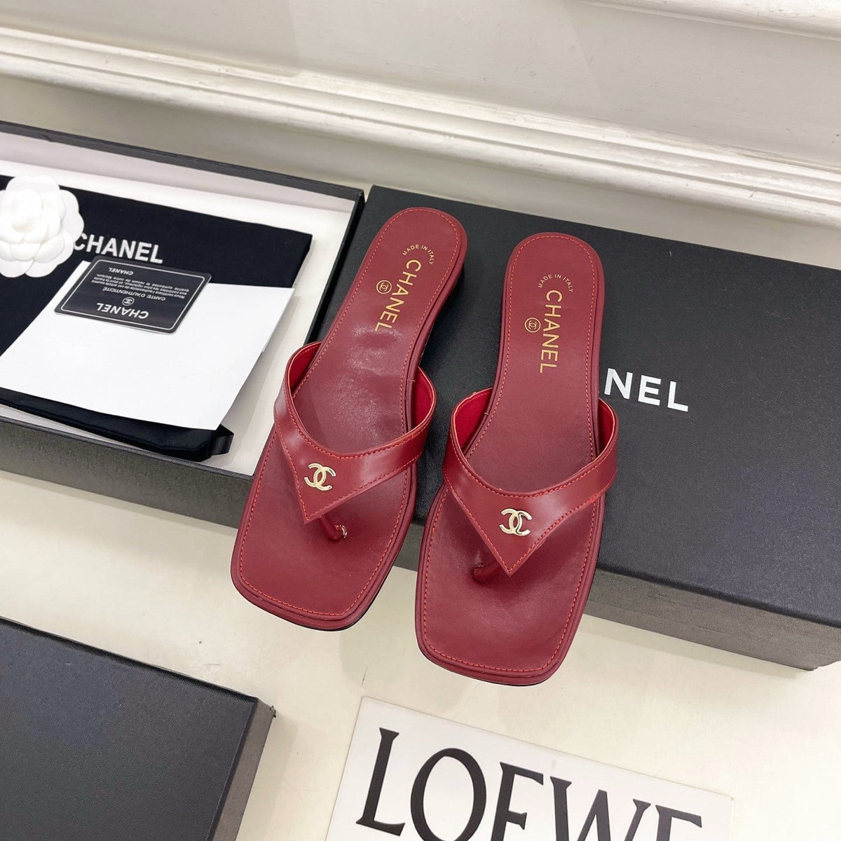 CC 26s Square Toe Thong Sandals Burgundy Leather 946867