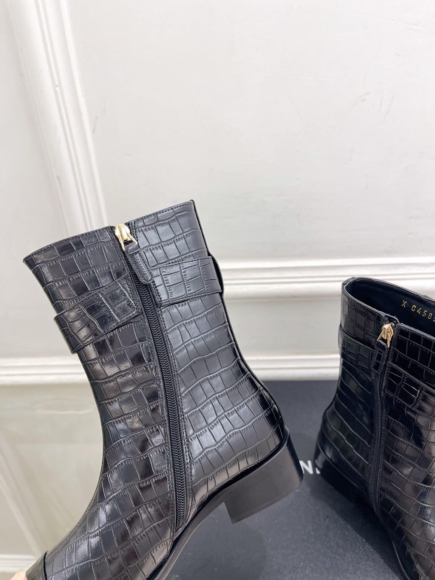CC 26s Turn-Lock Ankle Boots Black Embossed Croc Leather 946903