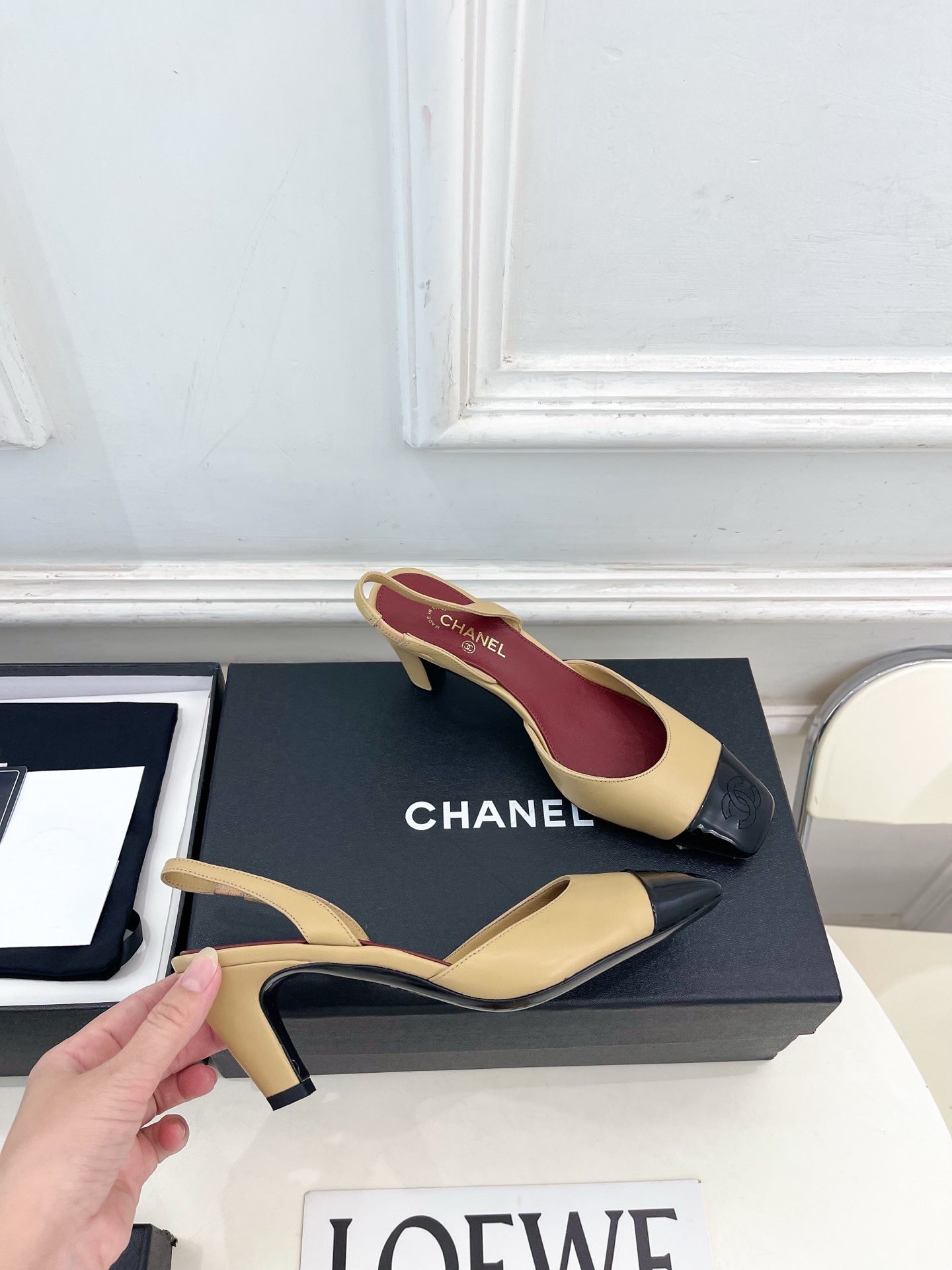 CC 26s Square Toe Slingback 6.5cm Black Beige Leather 946911