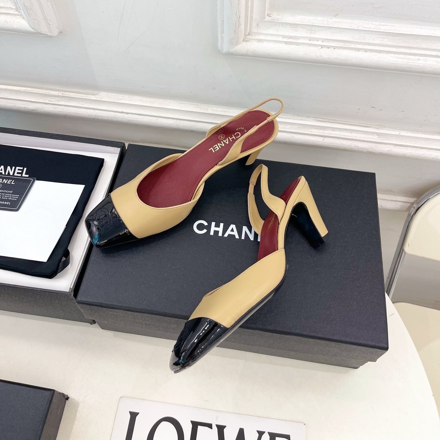 CC 26s Square Toe Slingback 6.5cm Black Beige Leather 946911
