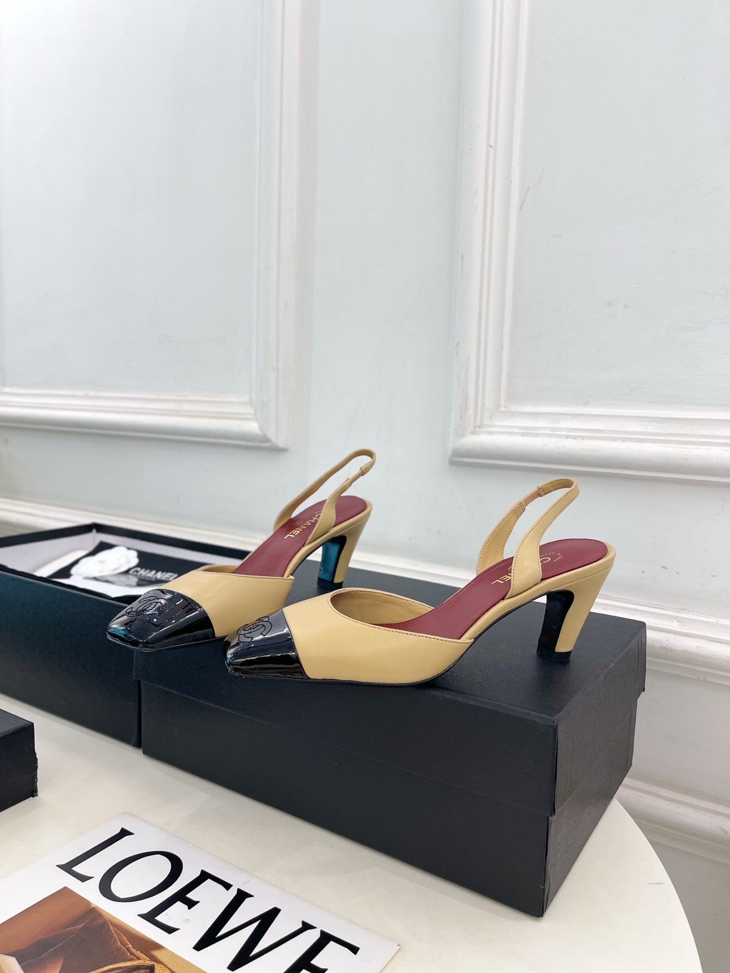 CC 26s Square Toe Slingback 6.5cm Black Beige Leather 946911
