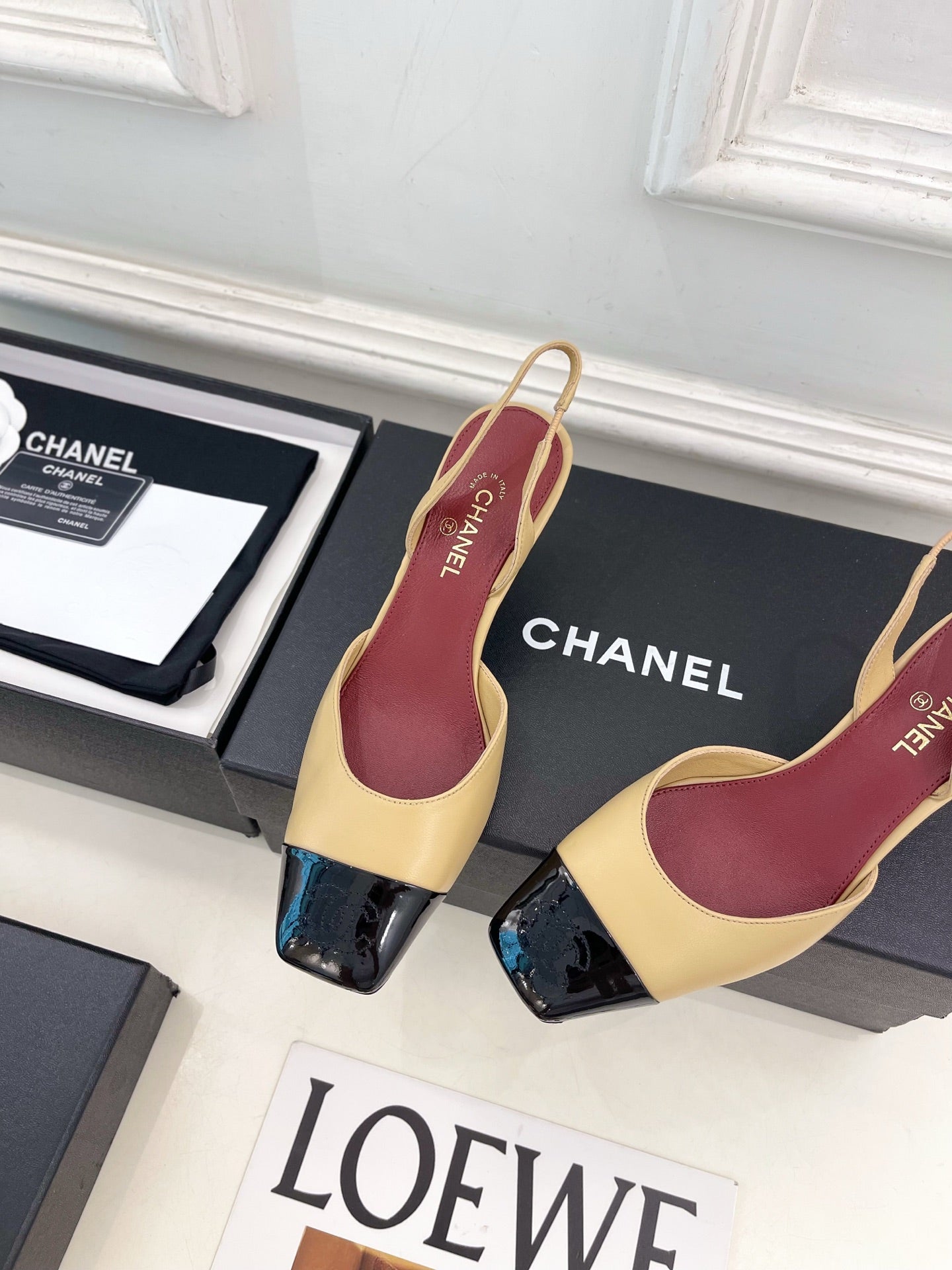 CC 26s Square Toe Slingback 6.5cm Black Beige Leather 946911