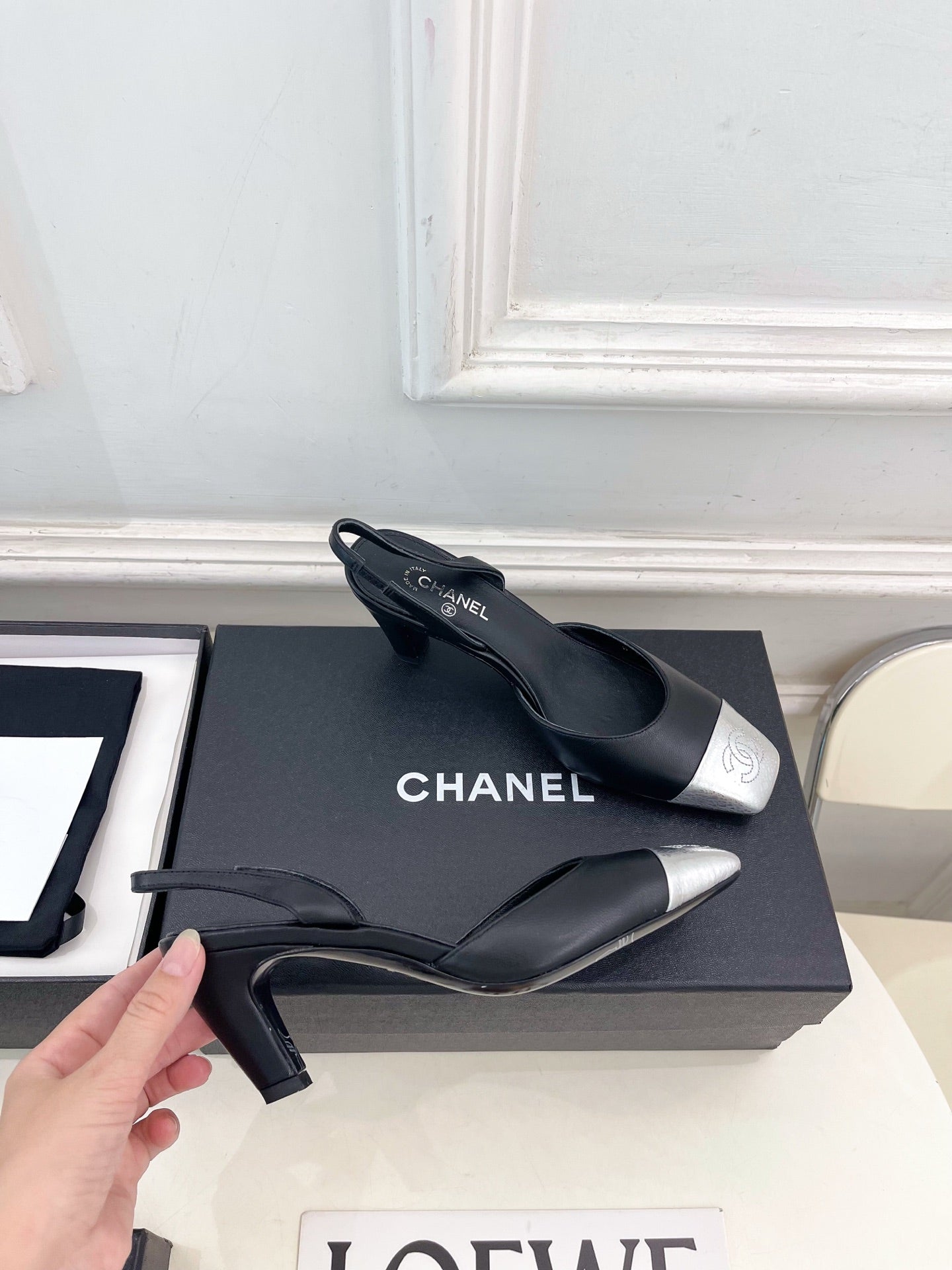 CC 26s Square Toe Slingback 6.5cm Sliver Black Leather 946914