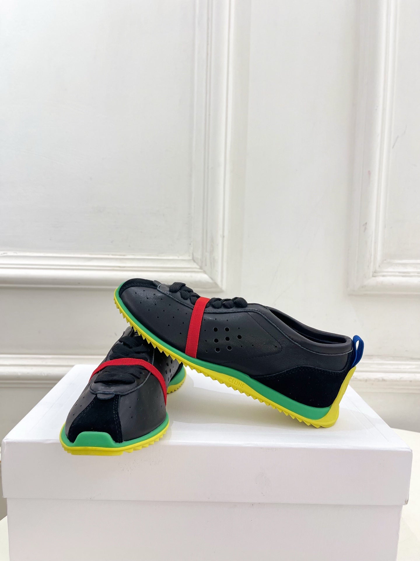 Celine 26s Soft Sneaker Black Green Perforated Lambskin Suede 947586