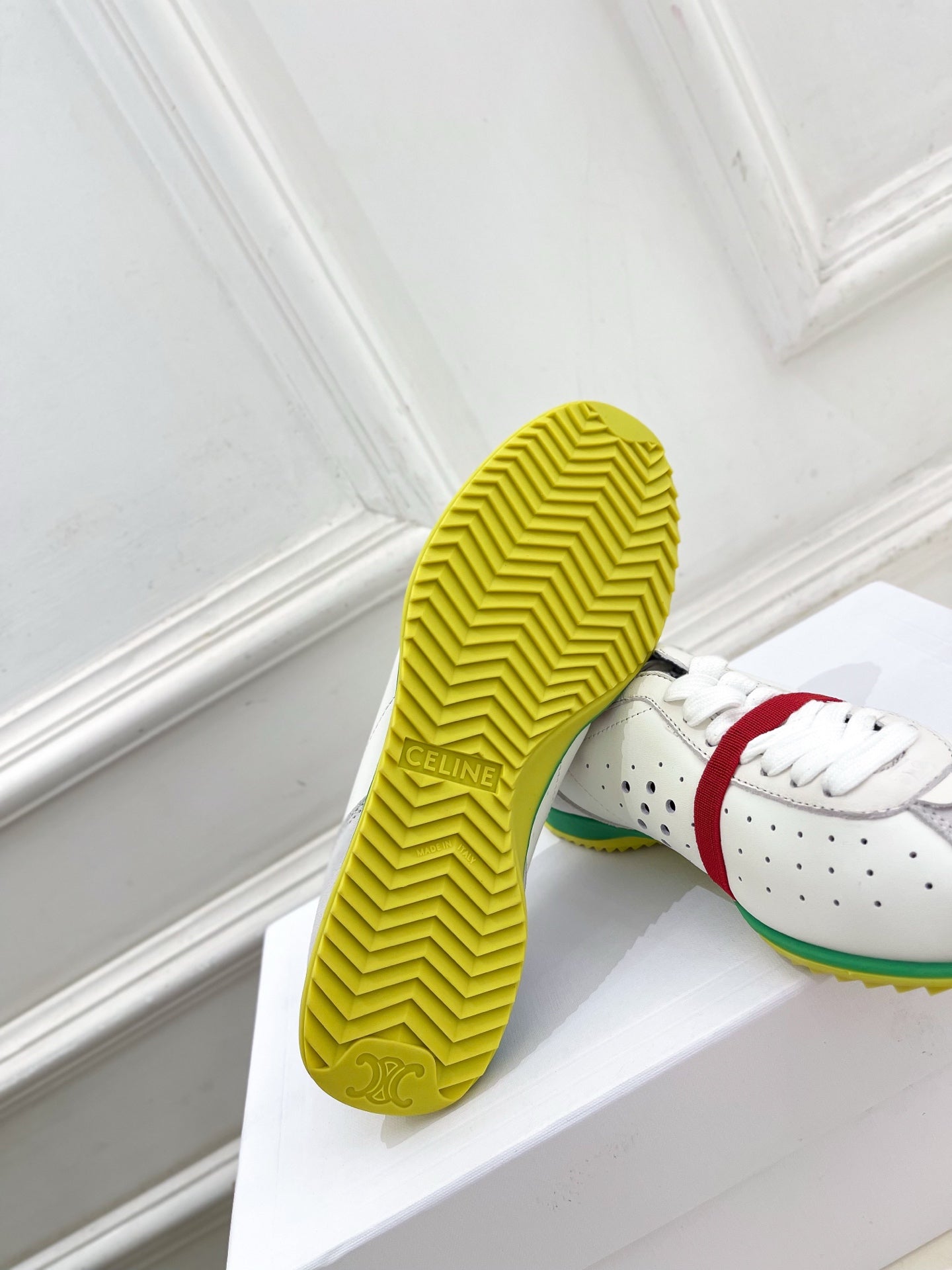 Celine 26s Soft Sneaker White Grey Green Perforated Lambskin Suede 947587