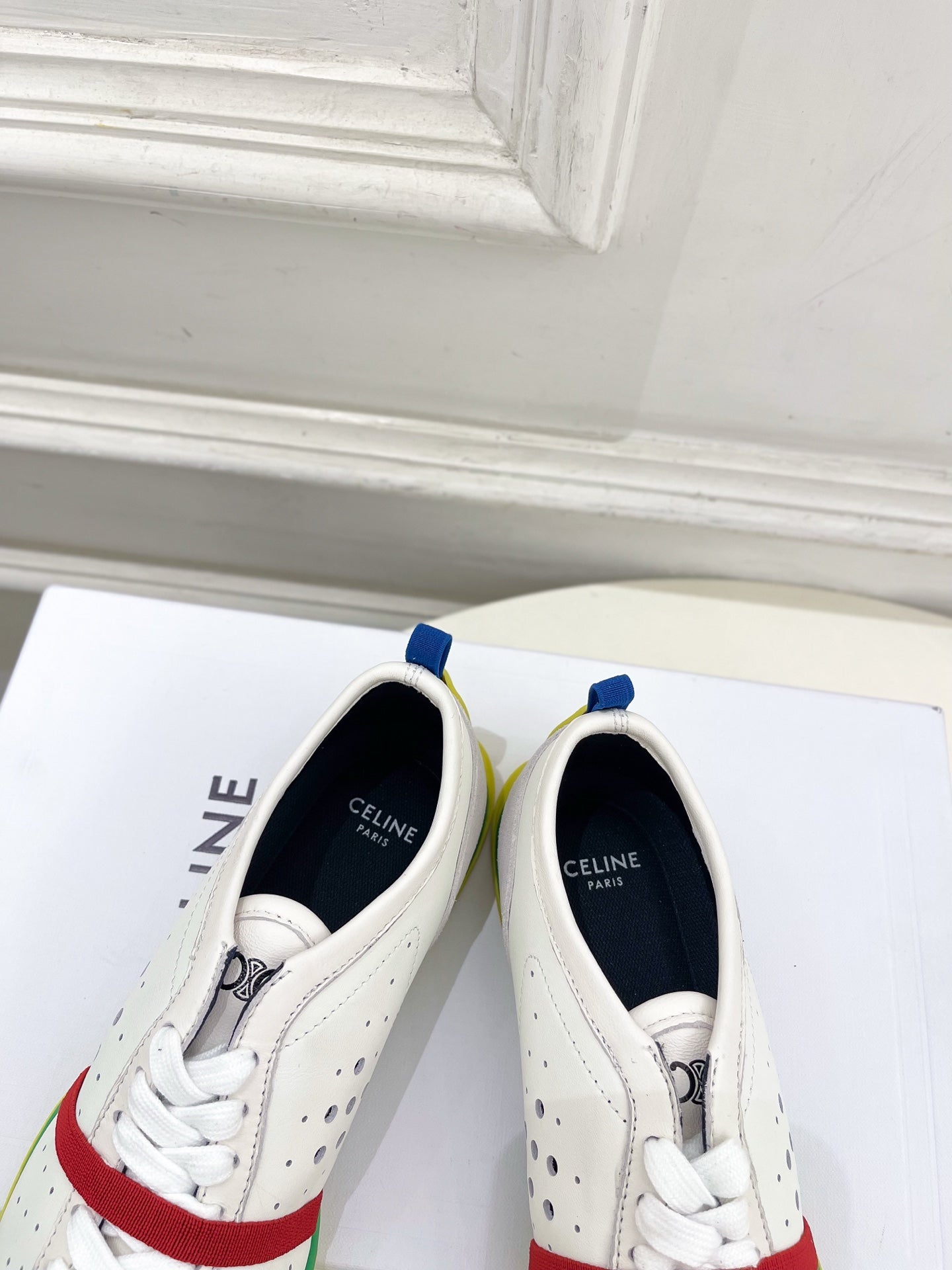 Celine 26s Soft Sneaker White Grey Green Perforated Lambskin Suede 947587