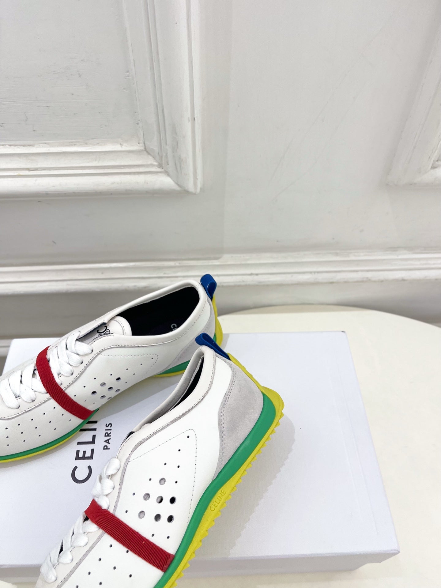 Celine 26s Soft Sneaker White Grey Green Perforated Lambskin Suede 947587