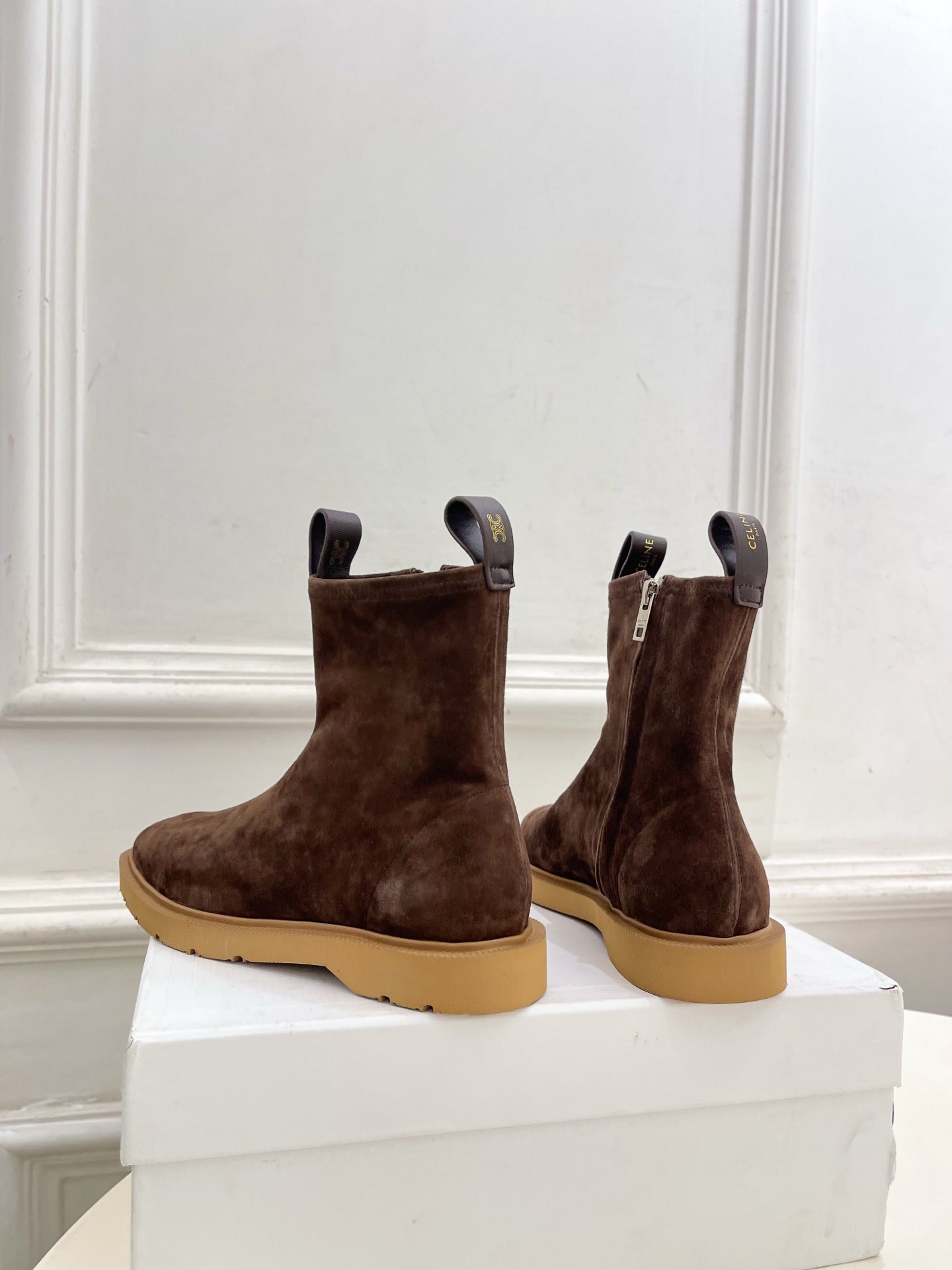 Celine 26s Flow Zipped Ankle Boots Coffee Suede 947591