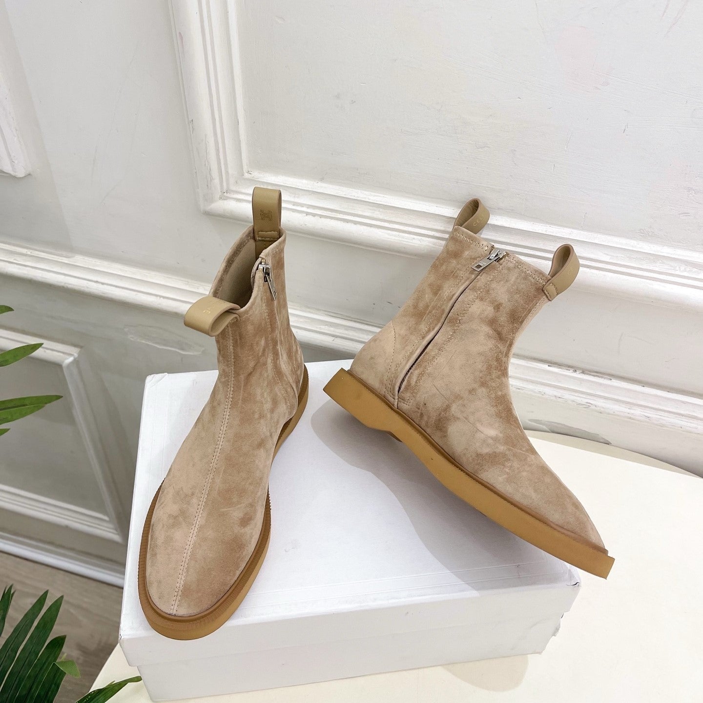 Celine 26s Flow Zipped Ankle Boots Khaki Suede 947591