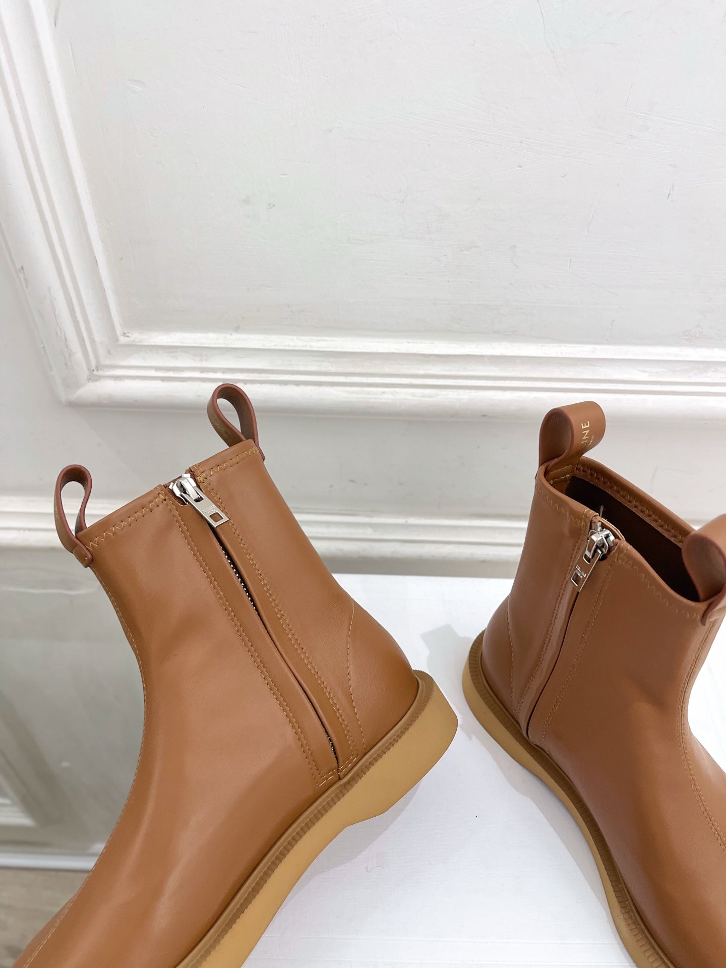 Celine 26s Flow Zipped Ankle Boots Camel Leather 947594