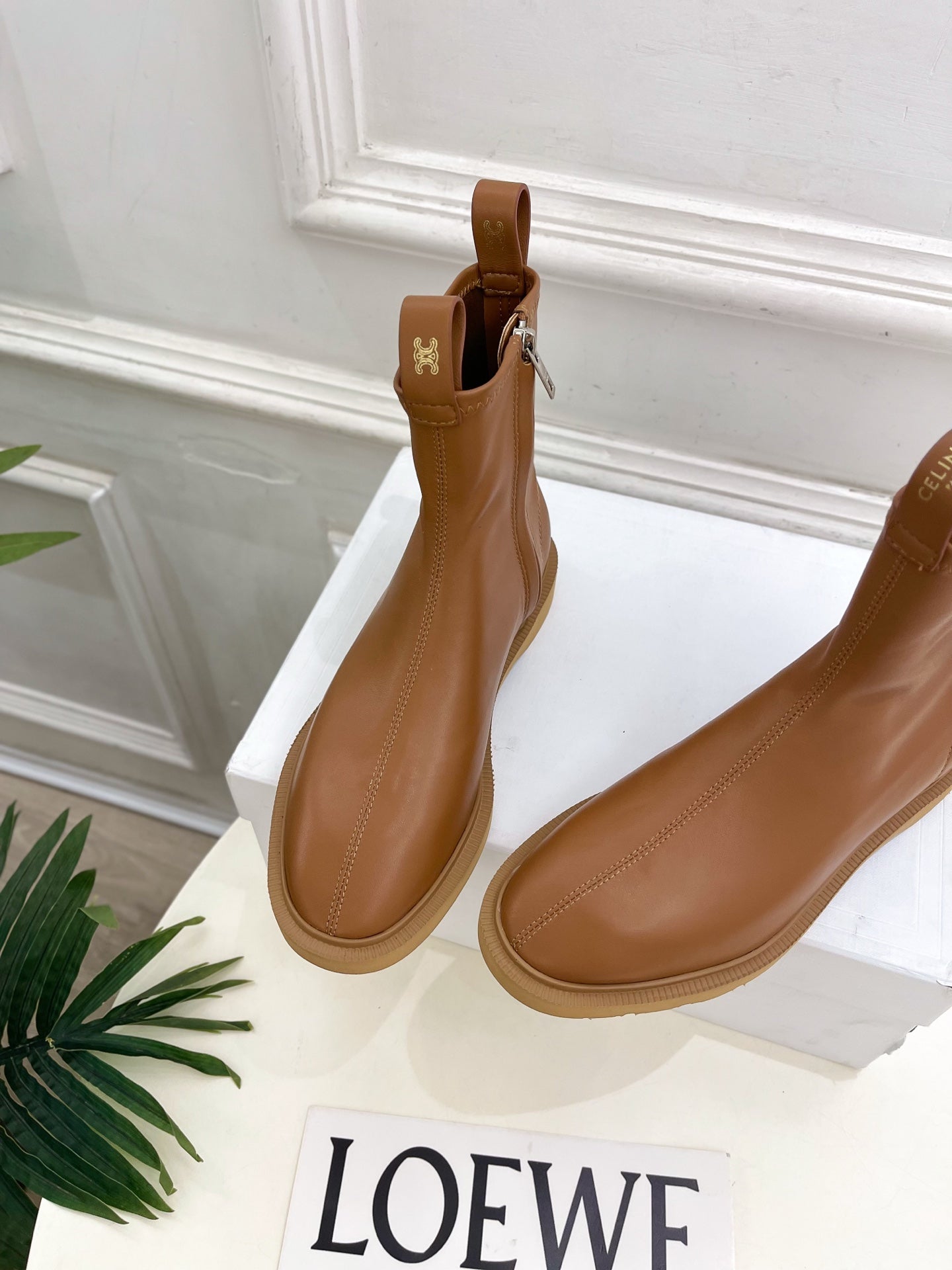 Celine 26s Flow Zipped Ankle Boots Camel Leather 947594