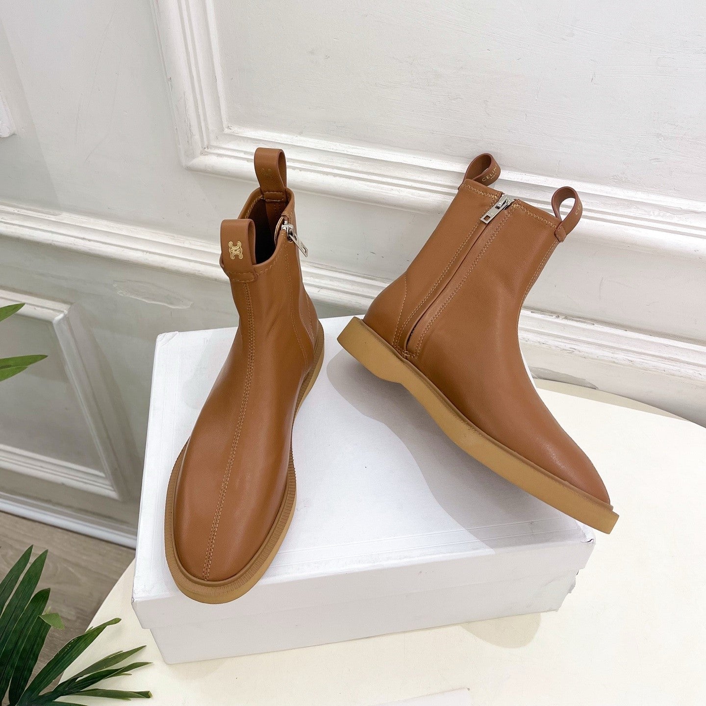 Celine 26s Flow Zipped Ankle Boots Camel Leather 947594