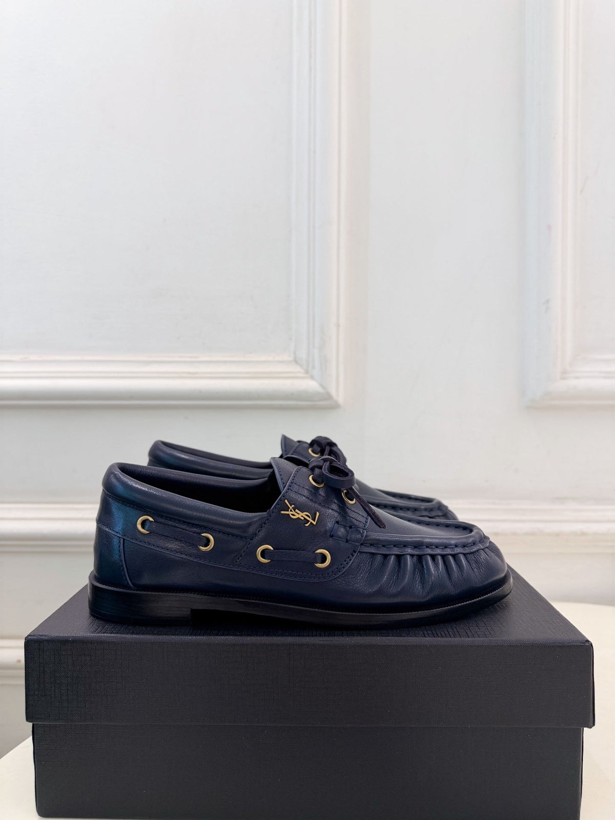 YSL Le Loafer Bateau Boat Shoes Navy Blue Smooth Leather 112333