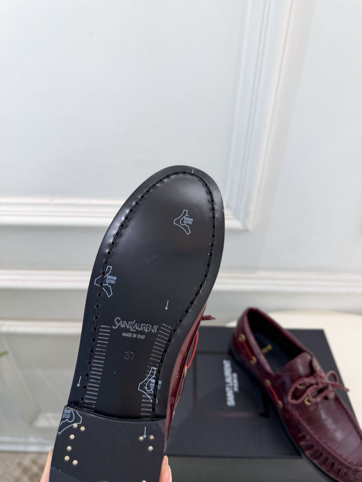 YSL Le Loafer Bateau Boat Shoes Deep Bordeaux Croc Embossed Leather 996787