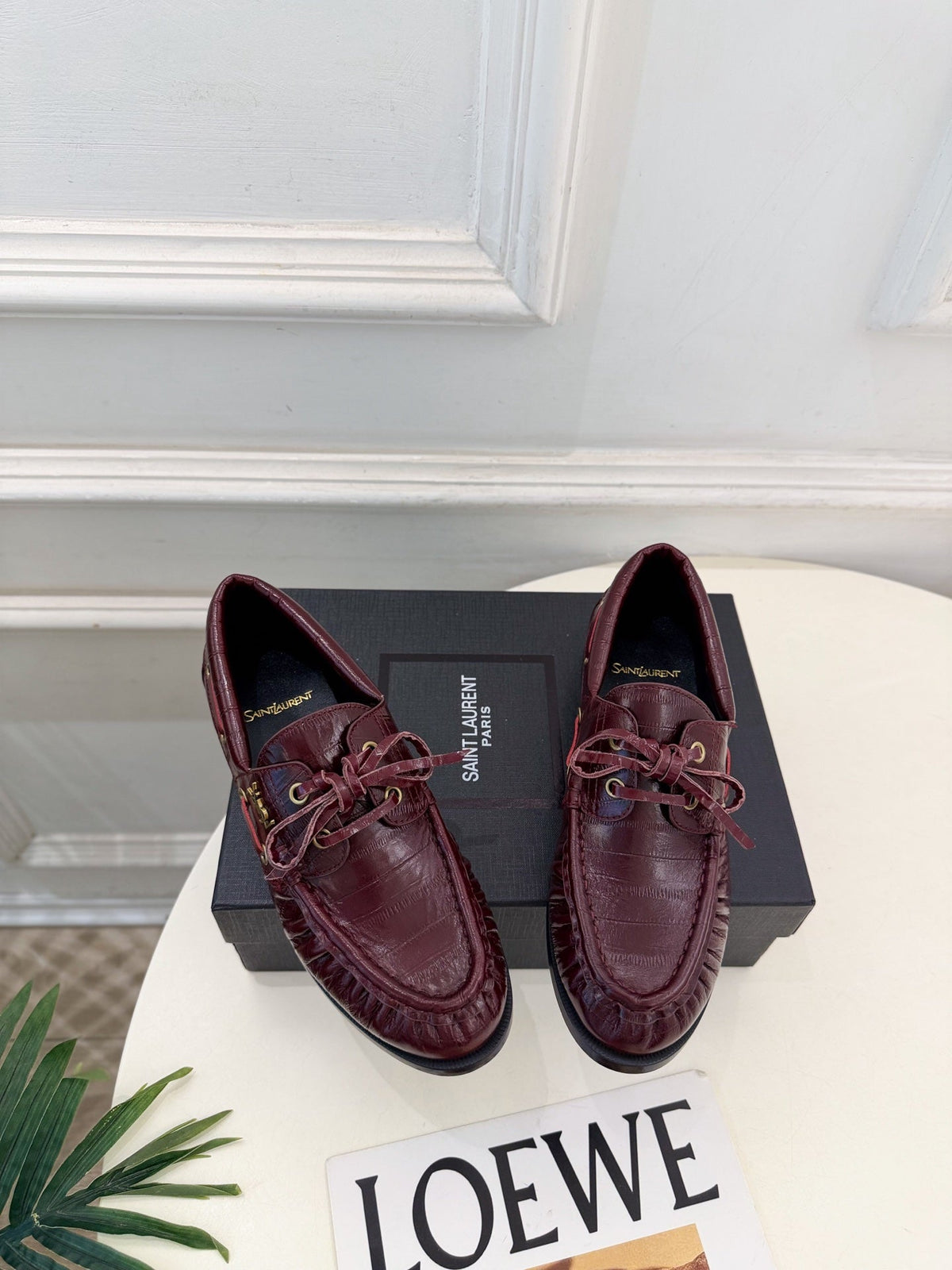 YSL Le Loafer Bateau Boat Shoes Deep Bordeaux Croc Embossed Leather 996787