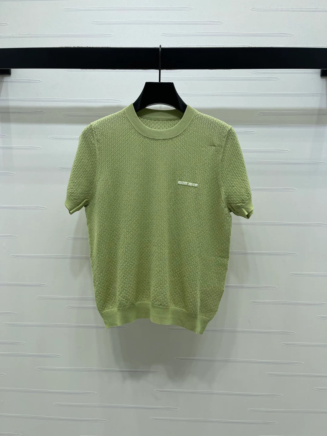 Miumiu 2026 Crew Neck Knit Short-Sleeve Shirt with Letter Logo Tencel